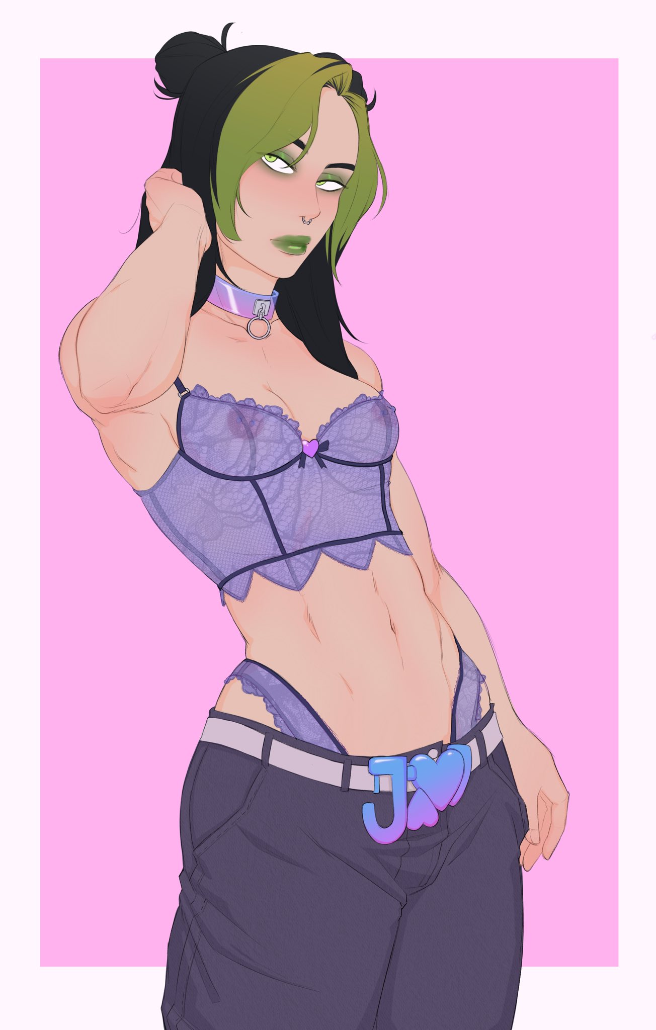 1girls bustier cleavage female female_protagonist haruhssment jojo's_bizarre_adventure jolyne_kujo lingerie see-through simple_background small_breasts solo stone_ocean two-tone_hair