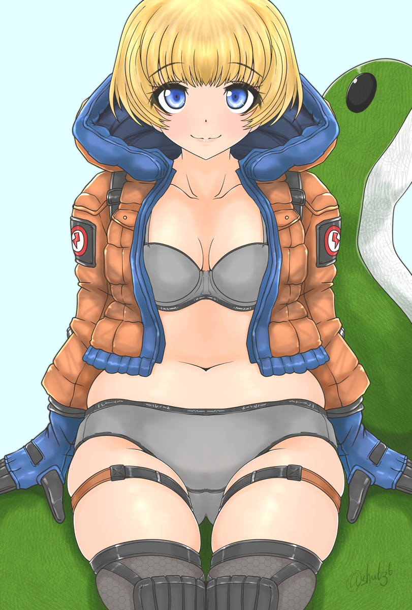 1female 1females 1girl 1girls 1woman 1women alternate_version_available apex_legends black_lingerie blonde_female blonde_hair blue_eyes clothed clothed_female golden_hair gray_bra gray_panties grey_bra grey_panties nessie shu636 sitting sitting_on_plushie thigh_gap thigh_highs thigh_strap thigh_straps thighhighs wattson wattson_(apex_legends)