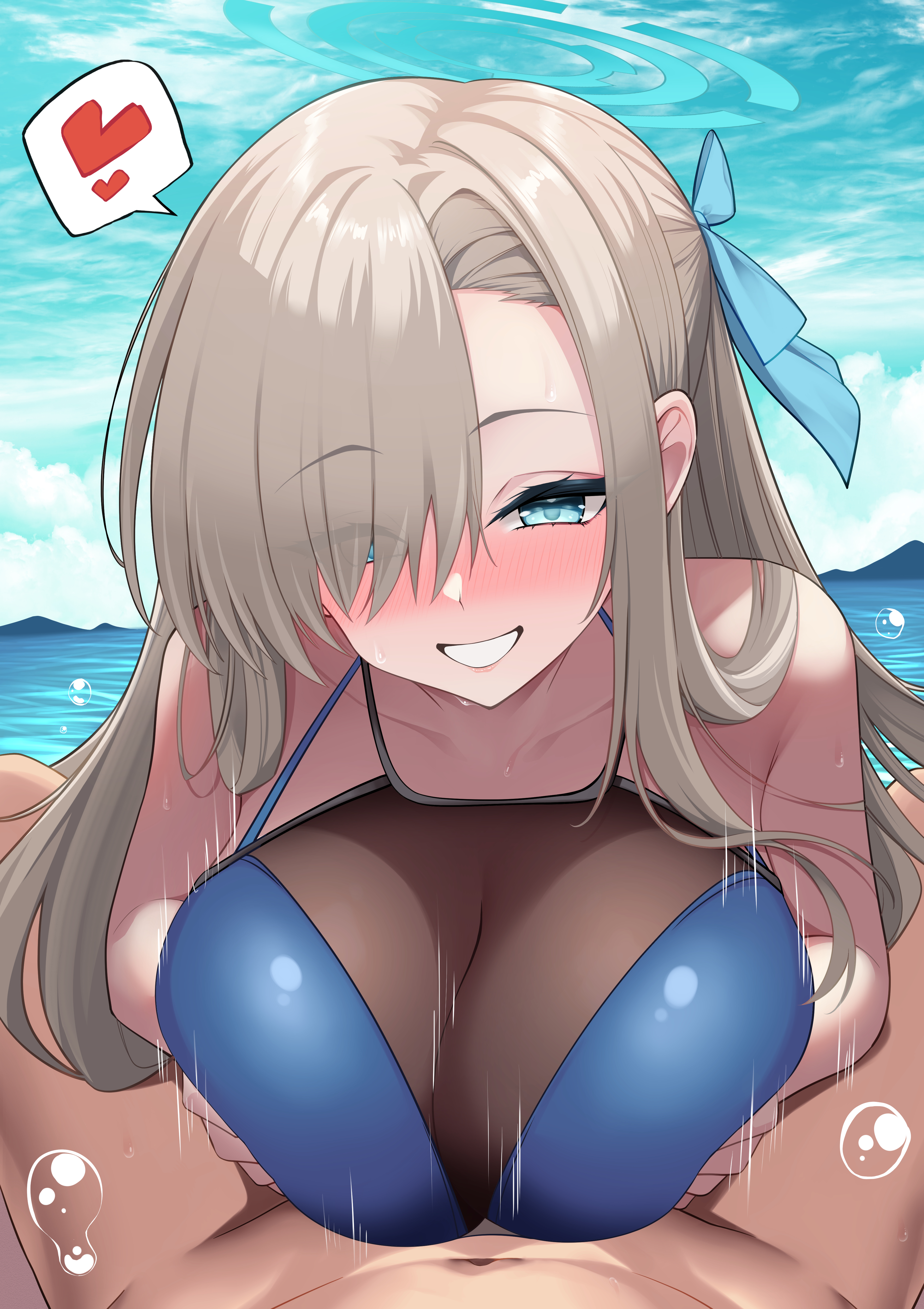 1boy, 1girls, absurdres, alternate costume, asuna (blue archive), bare shoulders, beach, black one-piece swimsuit, blonde hair, blue archive, blue eyes, blue halo, blue one-piece swimsuit, blue ribbon, blue sky, blush, breasts, breasts squeezed together, bubble, cleaning & clearing (blue archive), clothed female nude male, cloud, collarbone, day, female, grin, hair over one eye, hair ribbon, halo, heart, hetero, highres, implied paizuri, large breasts, light skin, light-skinned female, light-skinned male, long hair, looking at viewer, male, male pov, millennium science school student, motion lines, nude, ocean, official alternate costume, one-piece swimsuit, outdoors, paizuri, paizuri on lap, paizuri under clothes, parted bangs, pov, pov crotch, ribbon, sky, smile, solo focus, spoken heart, sweat, swimsuit, two-tone one-piece swimsuit, two-tone swimsuit, watchimen, water