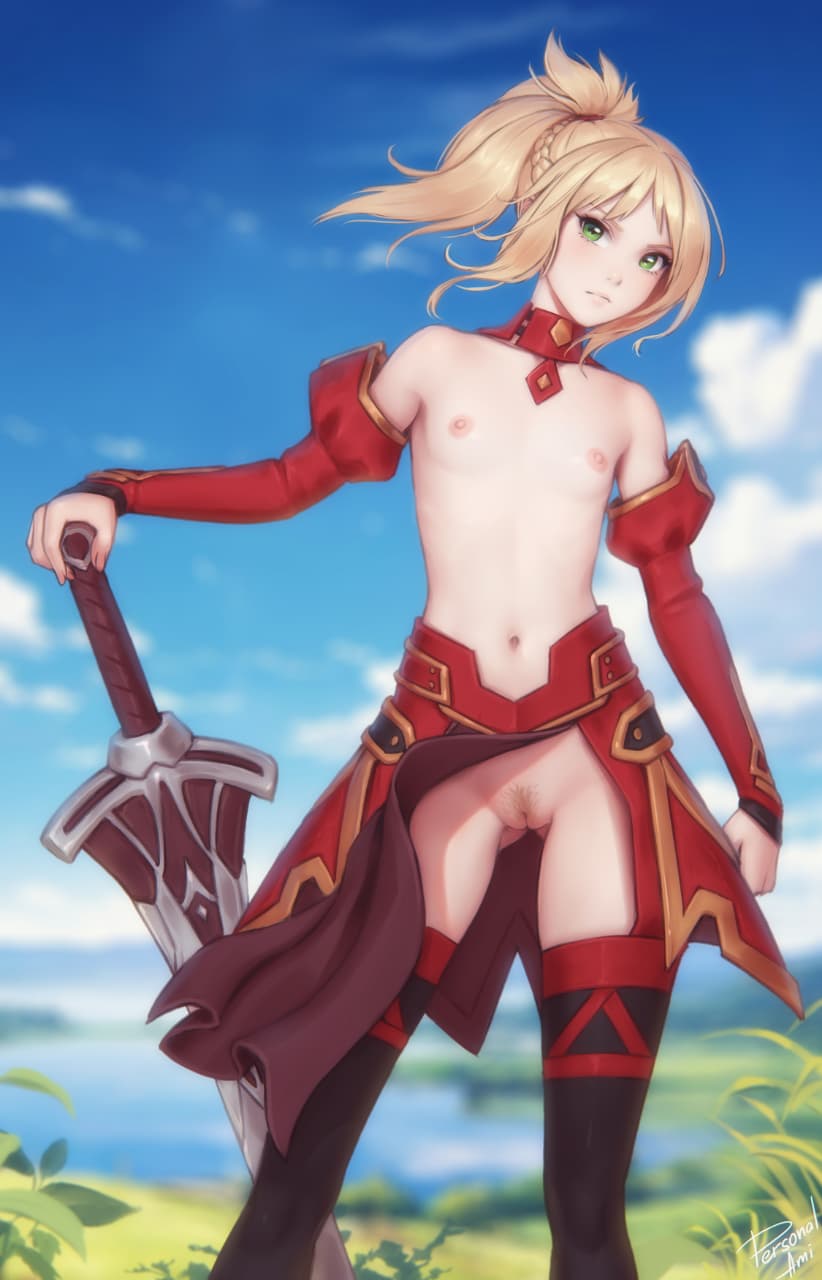 1girls areolae artist_signature ass_visible_through_thighs bare_shoulders black_thighhighs blonde_hair blurry blurry_background braid breasts clarent_(fate) clothing_aside cloud collar detached_collar detached_sleeves exposed exposed_breasts exposed_pussy fate/apocrypha fate/grand_order fate_(series) female female_only functionally_nude functionally_nude_female green_eyes hair_ornament hair_scrunchie highres looking_at_viewer mordred_(fate) navel nipples outdoors pelvic_curtain pelvic_curtain_aside personalami planted planted_sword ponytail pussy revealing_clothes scrunchie skimpy_clothes skindentation sky small_breasts solo solo_female stockings sword thighhighs uncensored weapon wind