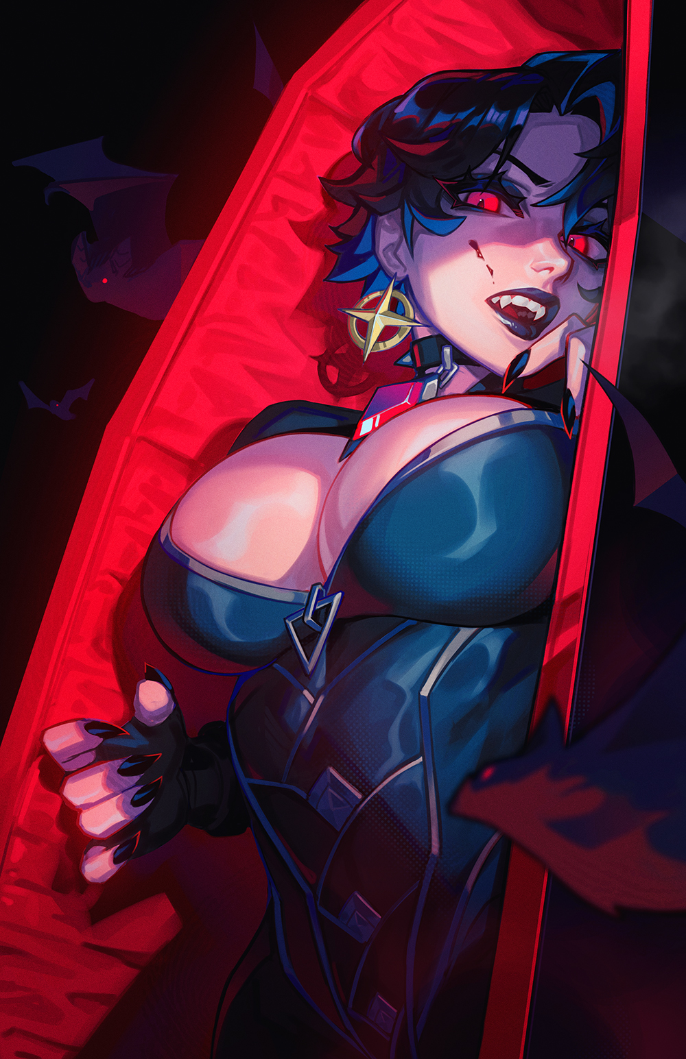 asian asian_female bats big_breasts black_hair blood_on_face breasts choker coffin earring fangs fingerless_gloves gloves gothic_clothes jubilation_lee jubilee jubilee_(marvel_rivals) looking_at_viewer marvel marvel_rivals pale-skinned_female pale_skin qtori red_eyes vampire vampire_girl vampire_jubilee