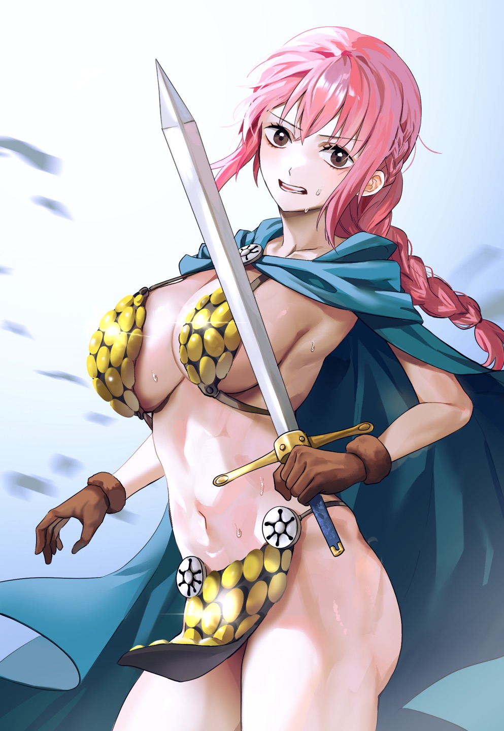 artist_request braided_hair brown_eyes chainmail chainmail_bikini cleavage gladiatrix gloves holding_weapon huge_breasts loincloth long_hair one_piece pink_hair rebecca_(one_piece) royalty sweat sword