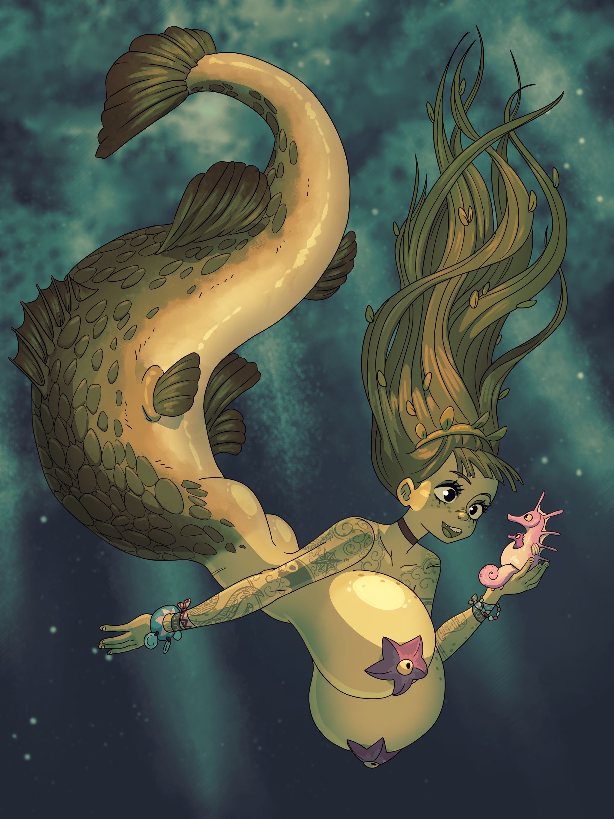 1girls, after transformation, breasts, breasts bigger than head, busty, english text, female, fish, hair color change, jack cayless, merfolk, mermaid, mermaid transformation, mermaidification, rapscallion, speech bubble, starfish pasties, text, transformation, underwater, vice & violence, wide hips