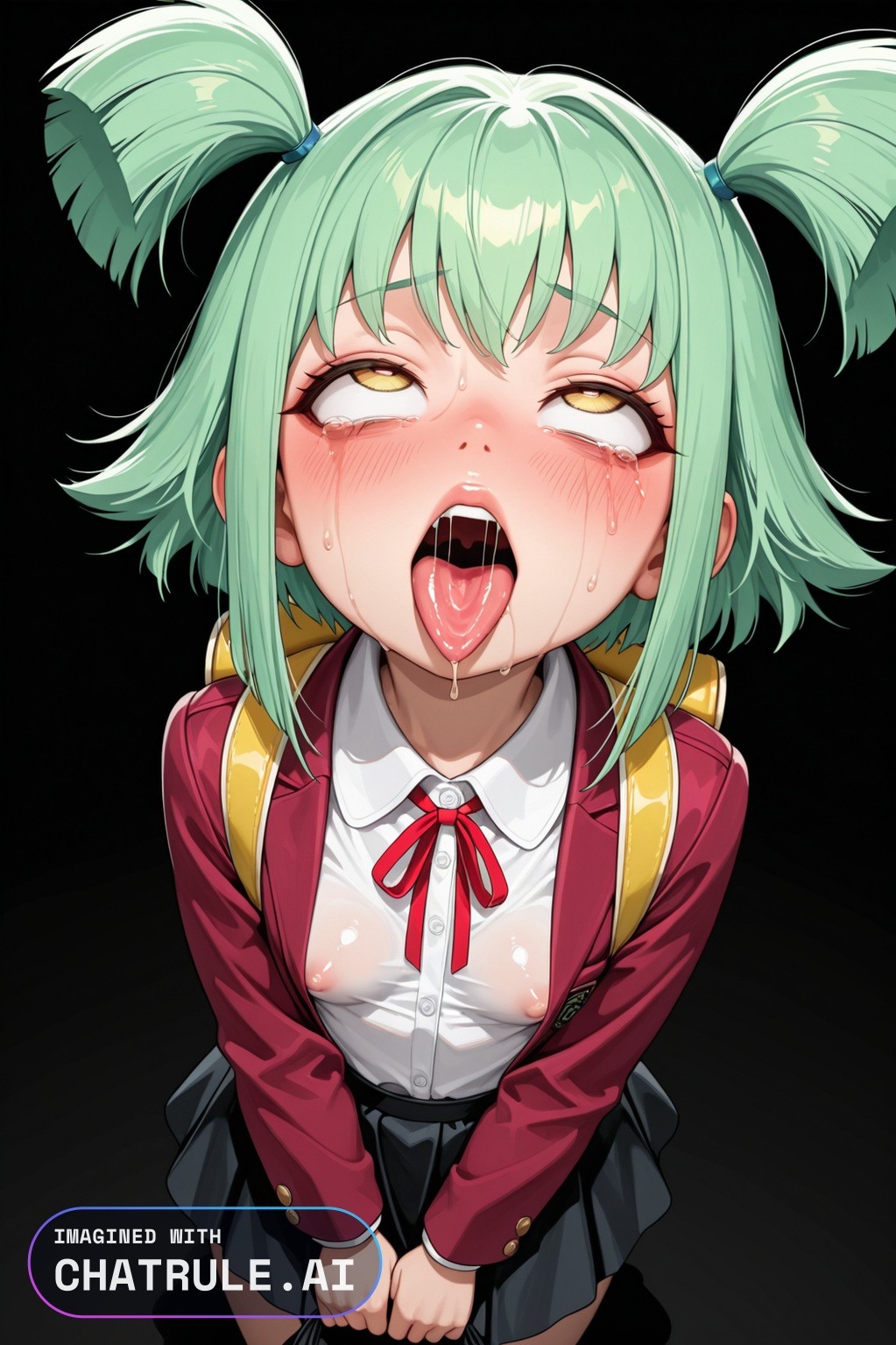 1girl ahegao_face ai_assisted ai_generated backpack bag black_skirt collared_shirt detailed_face green_hair high_angle huge_eyes jacket long_hair long_sleeves luna naked neck_ribbon petite_breasts red_jacket ribbon shirt skirt small_breasts uniform visible_breasts visible_nipples white_shirt yellow_eyes