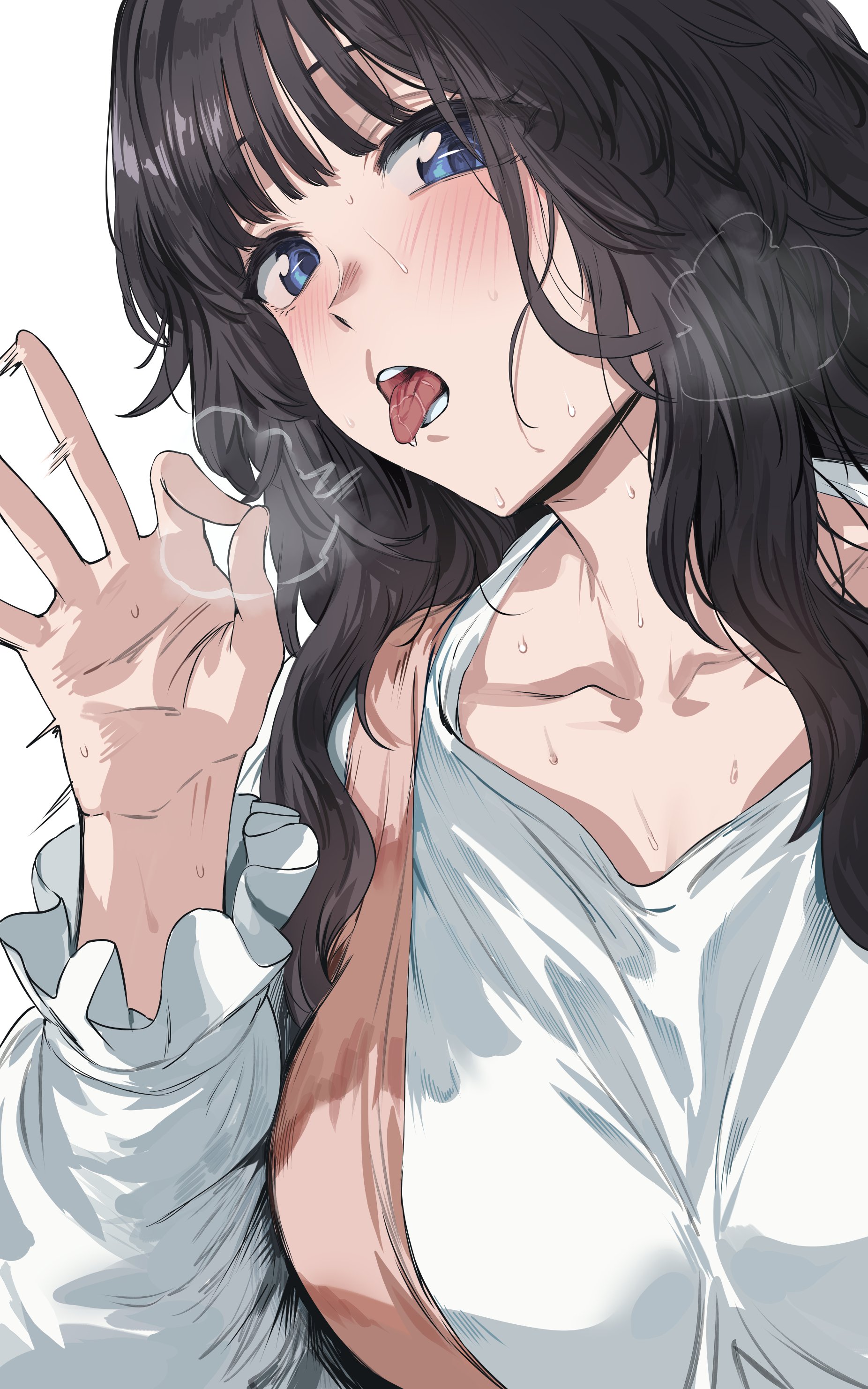 1girls, black hair, collarbone, fellatio gesture, hews hack, kaoru hana wa rin to saku, large breasts, long hair, looking at viewer, naughty face, purple hair, saliva, solo, sweat, tongue out, waguri kaoruko, white shirt