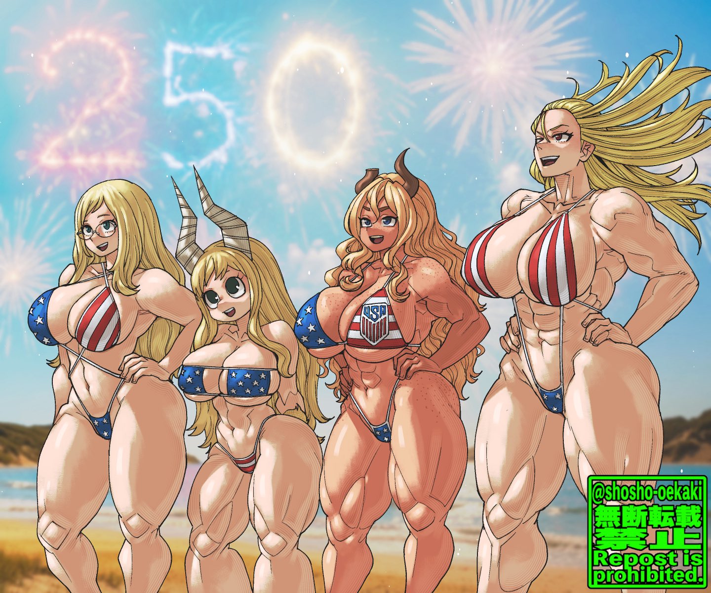 abs, beach, big breasts, bikini, blonde hair, boku no hero academia, cathleen bate, fourth of july, hands on hips, huge breasts, melissa shield, my hero academia, shosho oekaki, star and stripe (my hero academia), tanned female, tanned skin, thick thighs, tsunotori pony, ushi walker (mha quest)