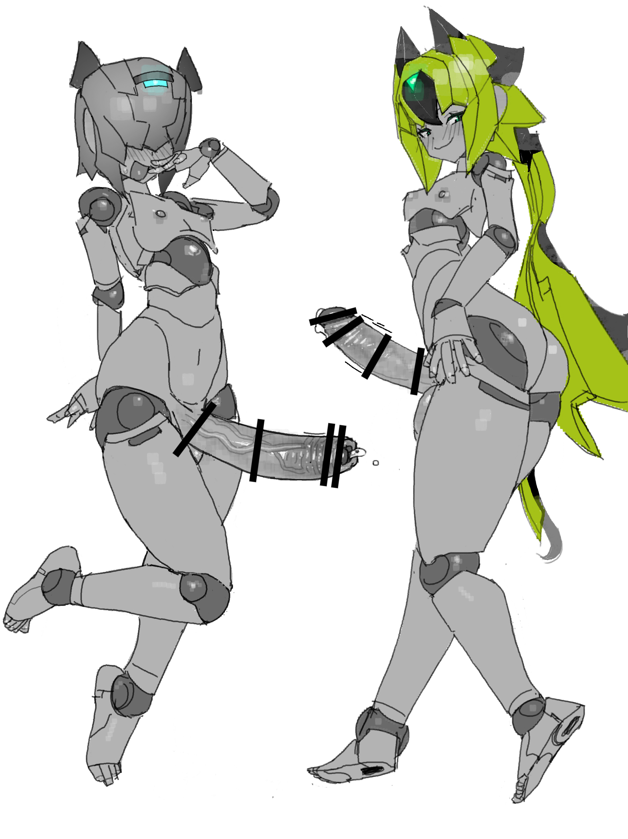 2boys, 2femboys, alternate color, balls, big penis, black hair, blush, colored skin, doll joints, erection, femboy, femboy only, foot, full body, gray skin, green eyes, green hair, hair over eyes, hitobashira (1746164306), huge cock, large ass, long hair, looking at viewer, machaon (polynian), nipples, official alternate color, otoko no ko, partially retracted foreskin, penis, robot, robot boy, robot joints, robot neoanthropinae polynian, shamrock (polynian), simple background, smile, standing, thick thighs, uncut, victim alice, white background, wide hips