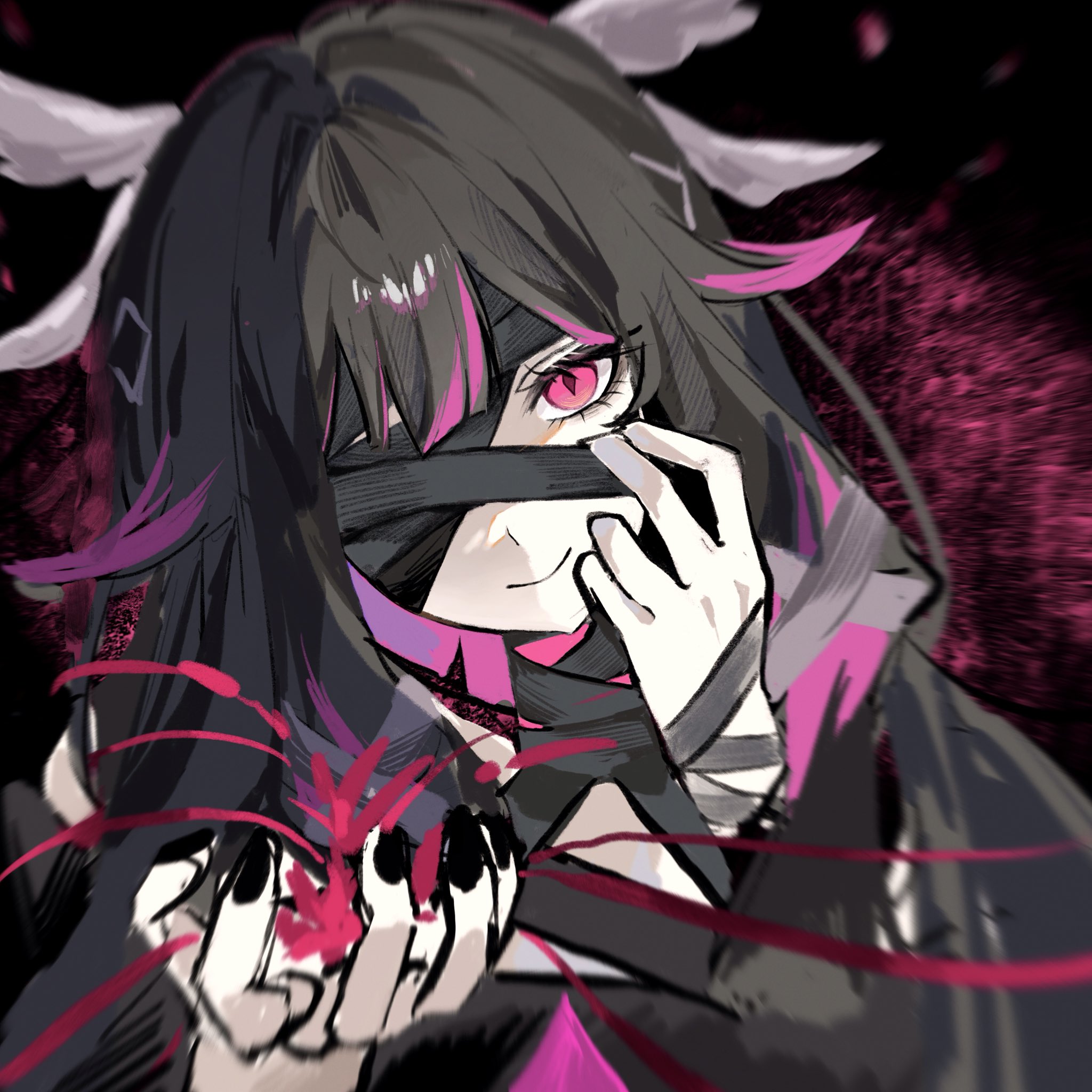 artist request, bandage over one eye, bandages, bandages over eyes, black hair, black nail polish, black nails, columbina (genshin impact), eye color change, genshin impact, hair covering eye, looking at viewer, male in female body, male/female, mommy, multicolored hair, nail polish, pink hair, possessed, possession, purple hair, red eyes, rerir (genshin impact), slit pupil, slit pupils, smile, tagme, tagme (artist), very long hair