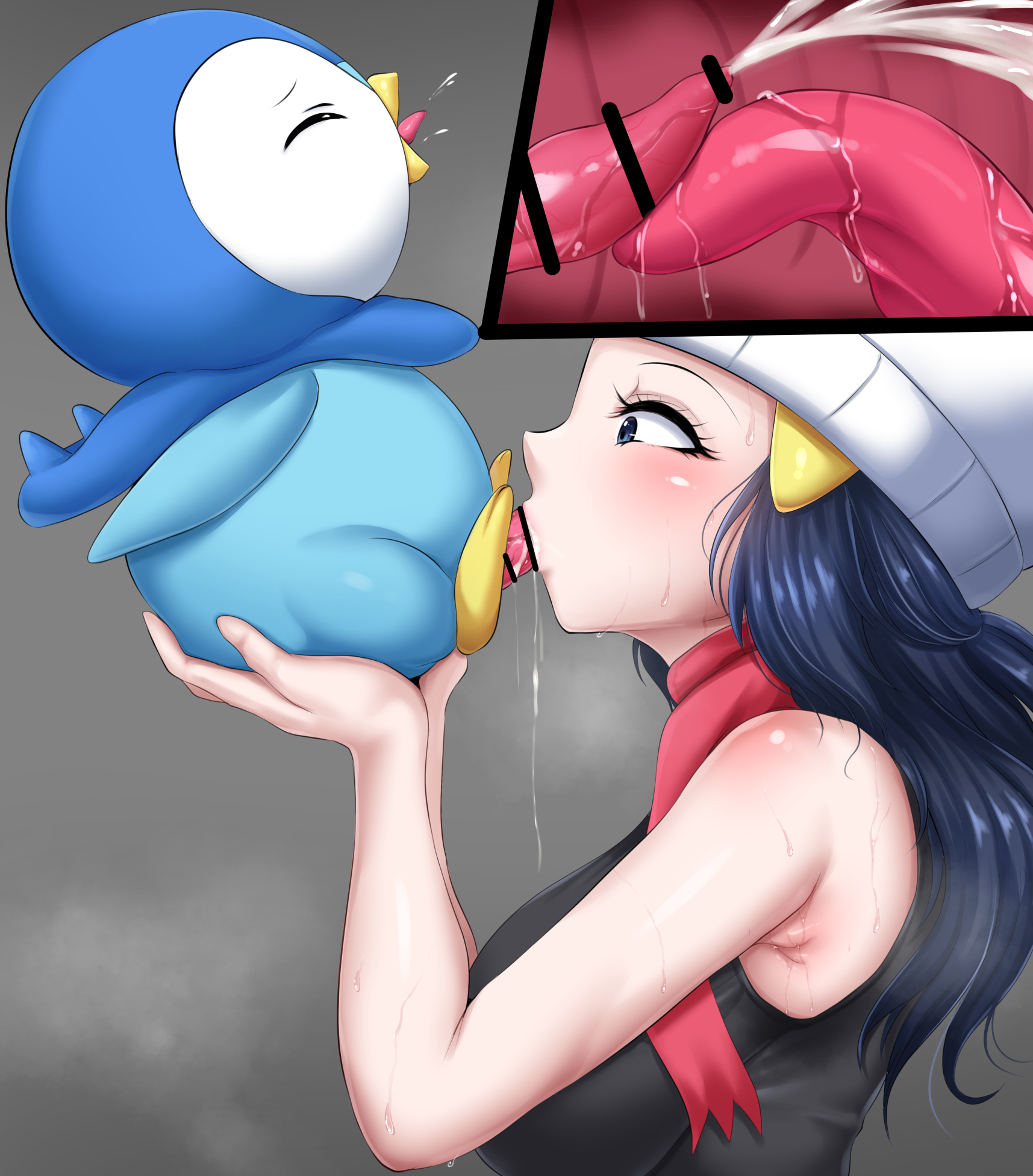 1boy, 1girls, 2000mitrasi, alternate breast size, animal genitalia, animal penis, big breasts, blowjob, blue body, blue eyes, blue hair, blush, breasts, censor bar, censored, closed eyes, cum, cum in mouth, cum inside, dawn (pokemon), fellatio, female, feral, feral on female, hat, internal, internal fellatio, internal oral, interspecies, large breasts, long hair, male, nintendo, oral, penis, penis on tongue, piplup, pokemon, pokemon (species), pokemon dppt, pokephilia, saliva, scarf, size difference, smaller male, x-ray
