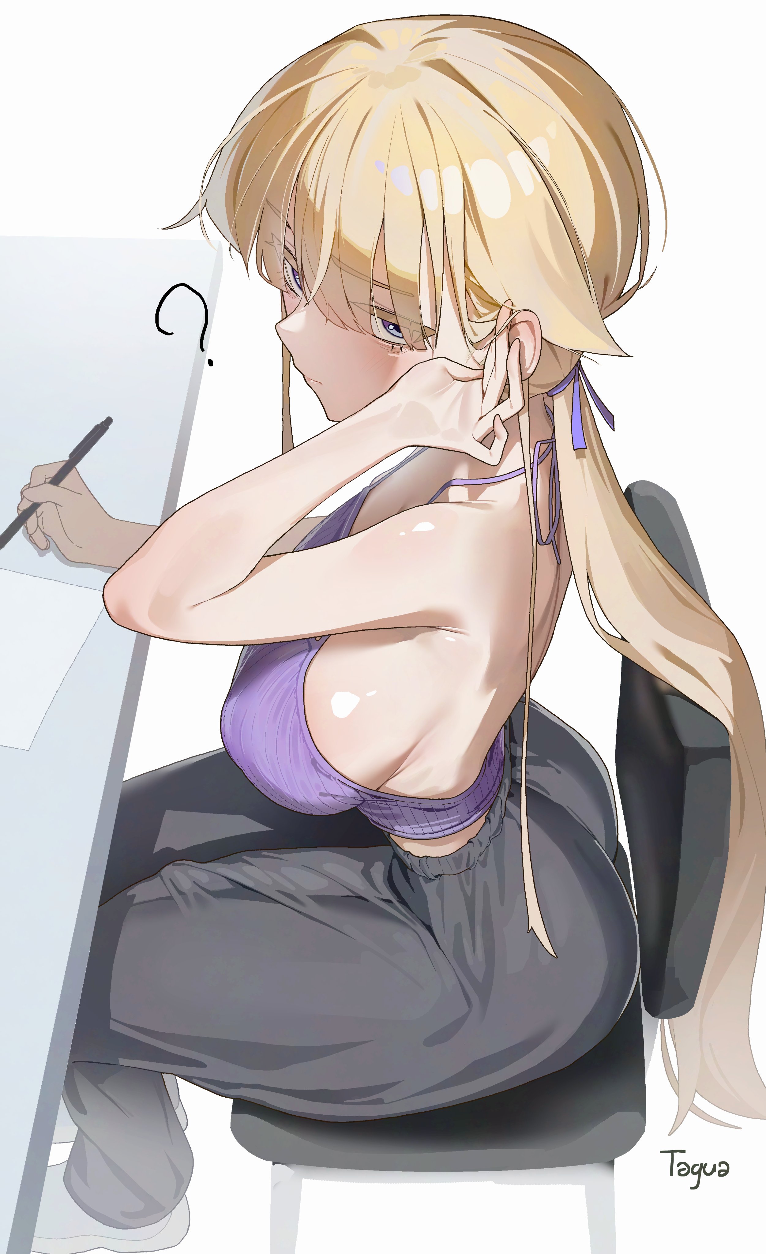 ?, 1futa, blonde hair, bulge, bulge down leg, enid (tagua), fat ass, futa only, futanari, huge breasts, huge cock, light skin, light-skinned futa, long hair, looking at viewer, original, original character, ponytail, purple eyes, sideboob, sitting, solo, solo futa, sweatpants, tagua, tank top