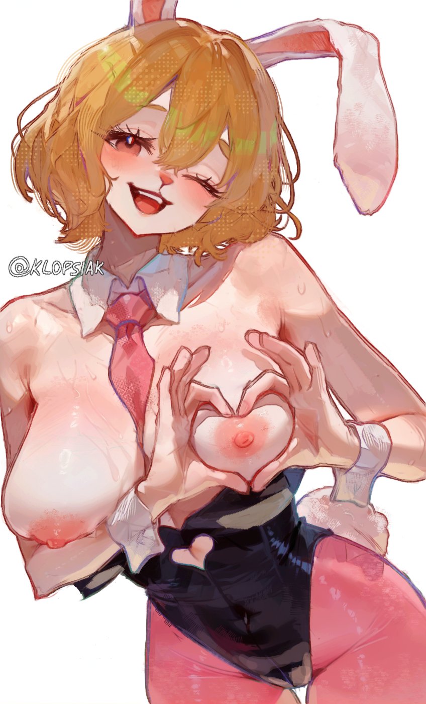 1girls big_breasts blonde_female blonde_hair blush boobs breasts breasts_out bunny_ears bunny_girl bunny_tail bunnysuit carrot_(one_piece) female female_only heart_symbol klopsiak necktie nipples one_eye_closed one_piece pantyhose pink_pantyhose short_hair sweat tie