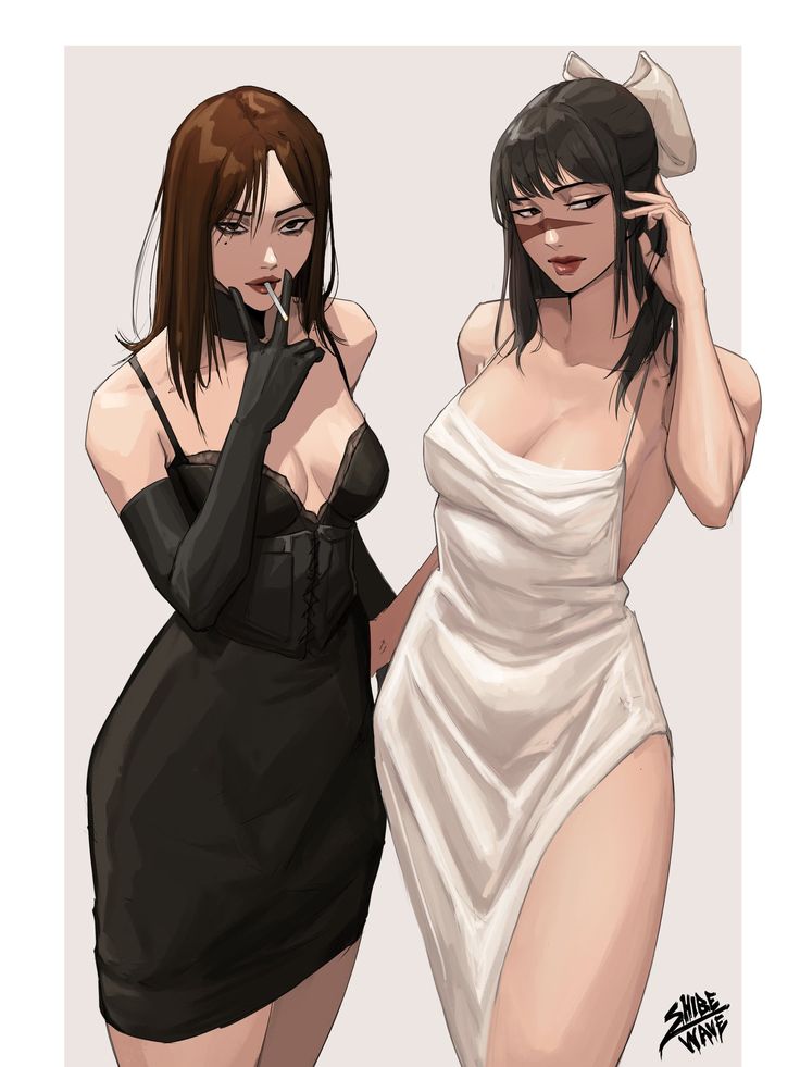2girls artist_name beauty_mark black_hair breasts brown_hair cleavage curvaceous curvy curvy_figure dress female female_focus female_only gloves hair_ornament hair_ribbon jujutsu_kaisen lipstick long_hair ribbon shibewave shoko_ieiri smoking tagme utahime_iori voluptuous voluptuous_female