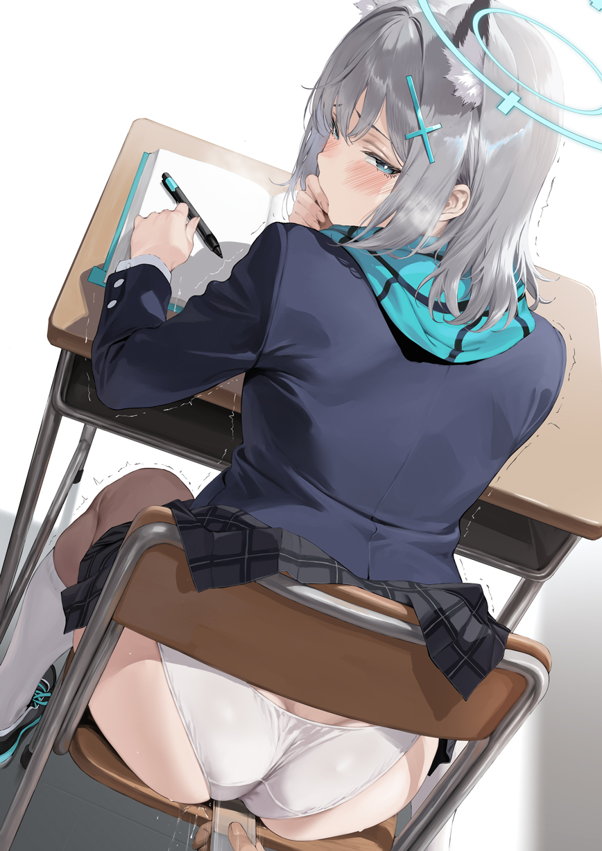 1girls animal_ears aoi_sakura_(seak5545) ass blue-eyed_female blue_archive blue_eyes blush covering_mouth female female_focus grey-haired_female grey_hair light-skinned_female light_skin looking_at_viewer looking_back looking_back_at_viewer masturbation medium-haired_female medium_hair panties public_masturbation school shiroko_(blue_archive) shirt shivering shoes sitting sitting_on_chair skirt skirt_lift socks solo_focus stealth_masturbation