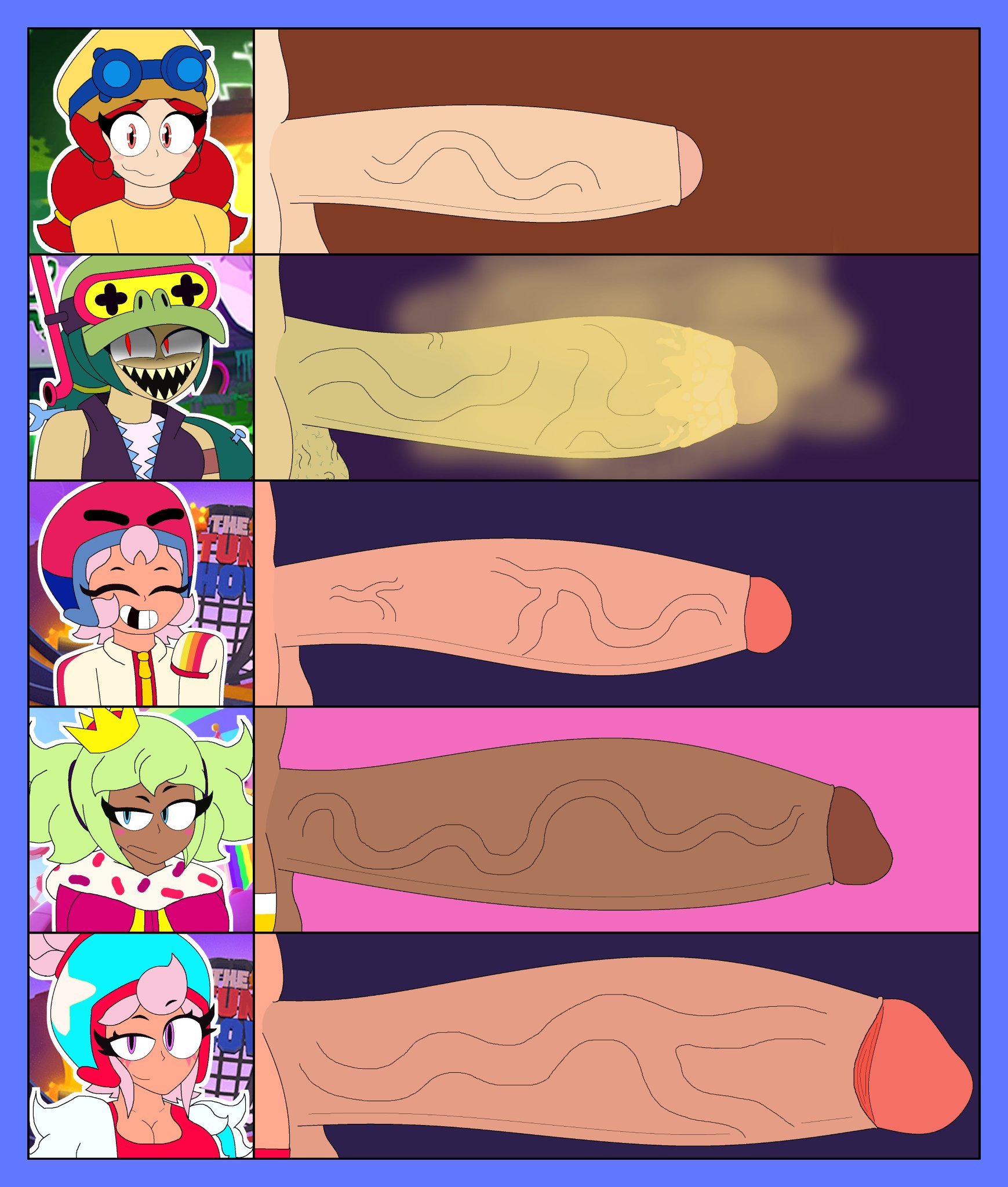 2d, alli (brawl stars), big penis, bonnie (brawl stars), brawl stars, chart, comparing, comparing penis, futa only, futanari, huge penis, janet (brawl stars), jessie (brawl stars), mandy (brawl stars), penis, penis chart, penis comparison, penis size difference, smegma, uncensored, verdoshonsfw
