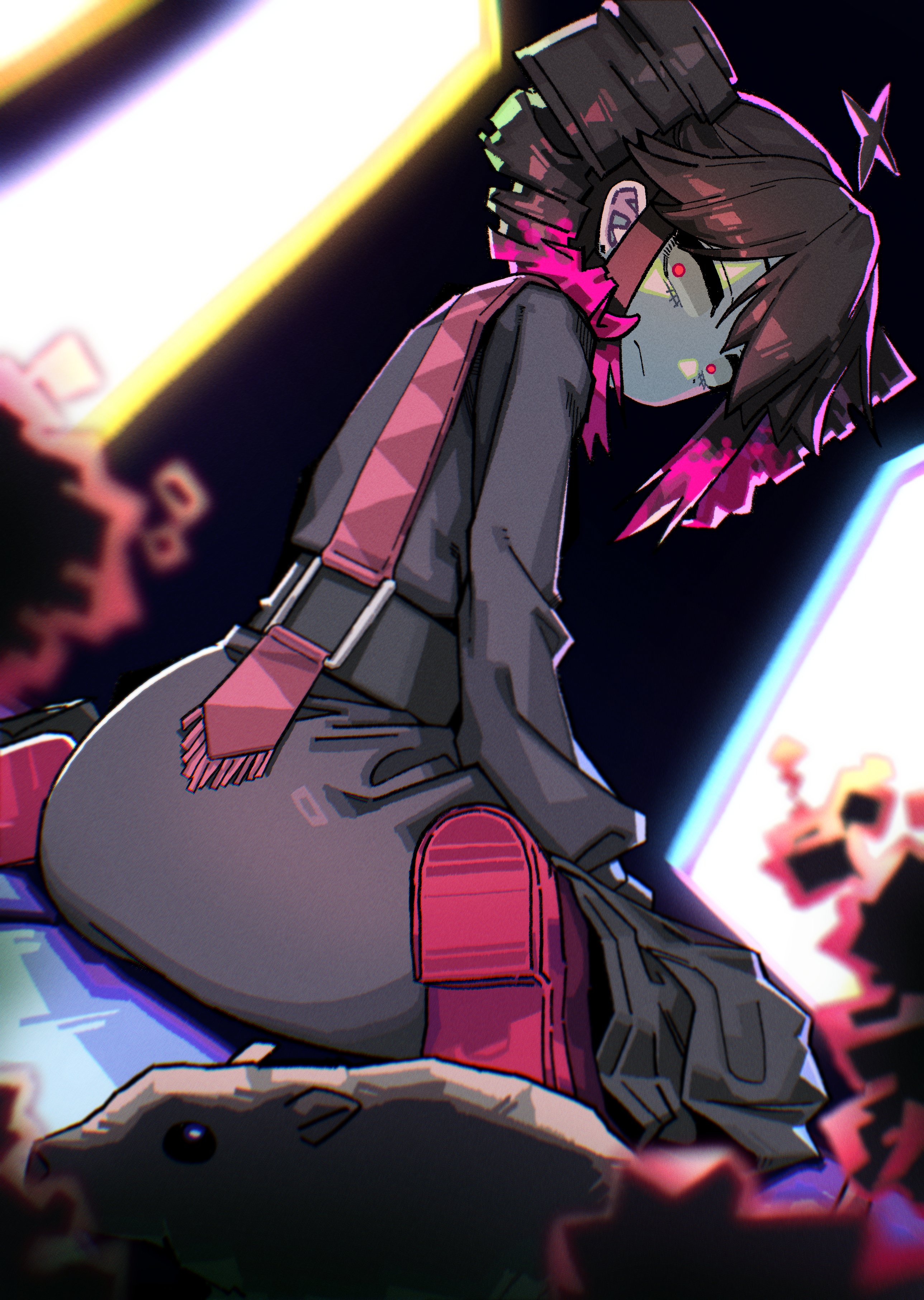 1girls, 2d, 2d (artwork), ahoge, alternate hair color, artist request, ass, ass focus, ass shot, back, back view, big ass, black hair, clothed, clothed female, clothing, crazy eyes, dark teto, detailed background, dot eyes, dress, female, female only, fully clothed, high quality, highres, kasane teto, looking at viewer, looking back, mv character, petite, petite body, petite female, qna (utau), red eyes, red hair, religious, religious clothing, religious girl, robe, sfw, shoes, showing ass, sidelocks, sitting, sitting on floor, skinny, skinny female, slim girl, slim waist, solo, solo female, twin drills, two-tone hair, utau, w sitting, wariza