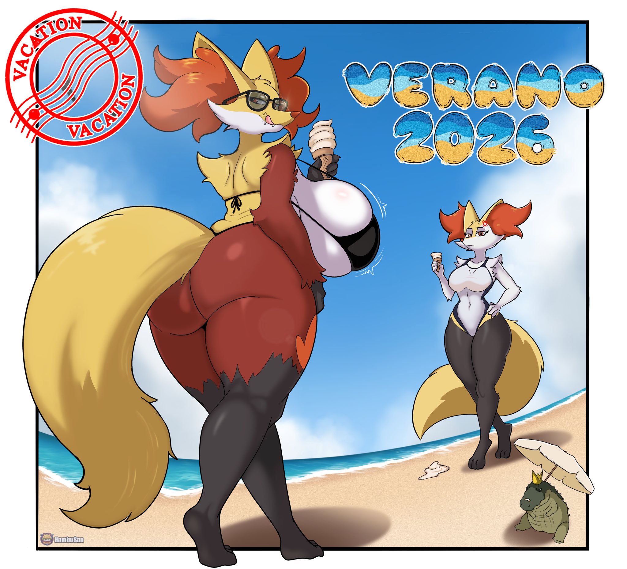 2026, 2girls, anthro, artist name, beach, beach umbrella, big breasts, big butt, bikini, black bikini, black body, black clothing, black fur, black swimwear, border, braixen, breasts, brown body, brown fur, butt, canid, canine, canis, clothing, cloud, cross-popping vein, crown, curvy figure, delphox, dessert, eating, eating food, eating ice cream, eyewear, female, female fox, food, fox, fox girl, fur, furry, generation 6 pokemon, group, hambusan, hand on hip, headgear, hi res, huge breasts, ice cream, ice cream cone, inner ear fluff, licking, licking lips, looking at viewer, multicolored body, multicolored fur, nintendo, one-piece swimsuit, outside, parasol, pokemon, pokemon (species), postcard, sand, seaside, sky, smile, sunglasses, swimwear, text, thick thighs, tongue, tongue out, trio, tuft, two-piece swimsuit, vixen, voluptuous, water, wearing sunglasses, white border, wide hips, yellow body, yellow fur