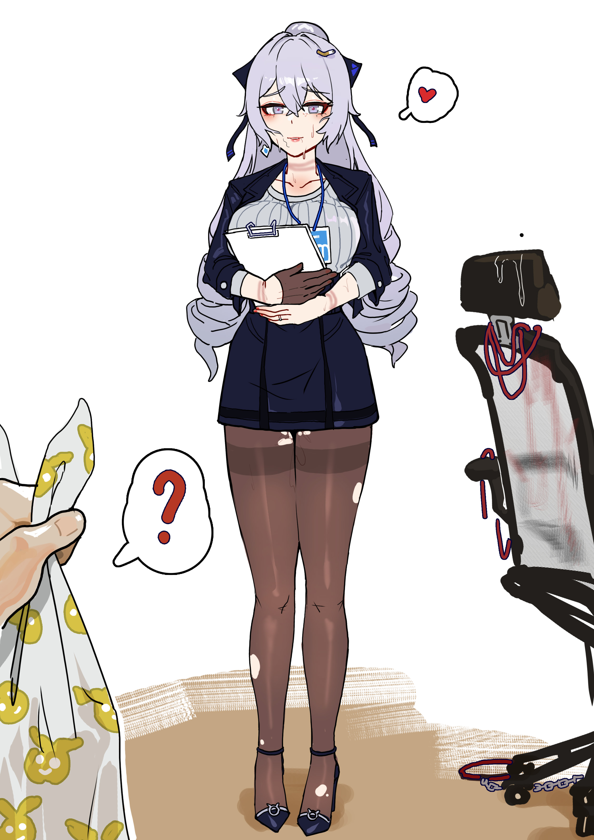 ?, 1boy, 1girls, 2026, absurd res, after sex, bag, bronya zaychik, bronya zaychik (outstanding attitude), bronya zaychik (silverwing: n-ex), female, haat, hair between eyes, hair ornament, heart, heart-shaped pupils, high heels, honkai (series), honkai impact 3rd, hoyoverse, hvvt, jacket, jewelry, long hair, male, mihoyo, netorare, ntr, out of frame, pantyhose, pencil skirt, pov, pov hands, skirt, smile, speech bubble, spoken heart, spoken musical note, spoken question mark, sweat, sweatdrop, sweating, symbol-shaped pupils, torn clothes, torn legwear, very long hair, yi zhi ai xi