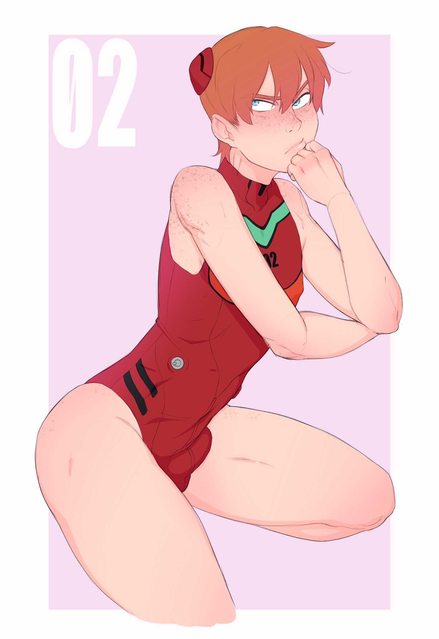 1boy asuka_langley_sohryu bulge clothing freckles genderswap genderswap_(ftm) haruhssment leotard male_only neon_genesis_evangelion orange_hair penis_bulge rule_63 simple_background solo solo_male