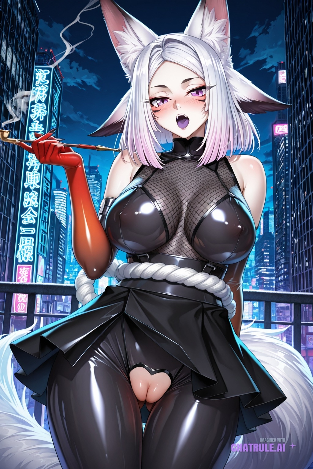 1girl ai_assisted ai_generated animal_ears armor bare_shoulders black_bodysuit black_nails black_skirt blush bodysuit city cityscape clouds colored_skin colored_tongue cowboy_shot crotchless curvy dark_theme detailed_pussy elbow_gloves fangs fishnets fox_ears fox_girl fox_tail gloves gradient_skin grey_skin high_contrast holding holding_smoking_pipe indie_virtual_youtuber japanese_clothes kagami_hirotaka kiseru koukawa_oboro long_hair looking_at_viewer medium_hair multicolored_hair nail_polish neon_lights night night_sky outdoors platform_footwear purple_eyes purple_tongue red_skin rope sandals sharp_fingernails shimenawa skirt smoke smoking_pipe soft_shading tail taimanin_asagi_zero taimanin_suit teeth thigh_gap virtual_youtuber visible_pussy white_hair white_skin