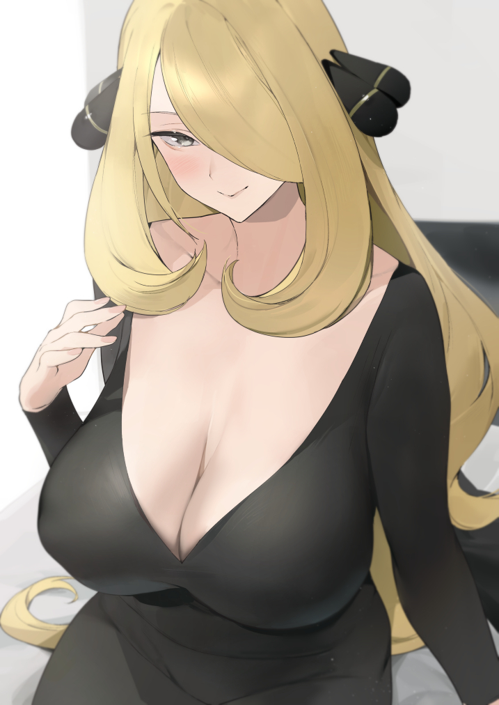 black dress, blonde hair, breasts, cleavage, cynthia (pokemon), dress, female, hair over one eye, iku (ikuchan kaoru), large breasts, long hair, looking at viewer, milf, pokemon, pokemon dppt, smile, solo