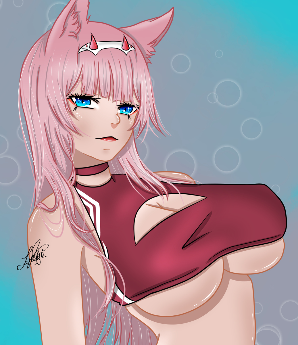 big_breasts blue_eyes boob_window breast_window breasts crop_top darling_in_the_franxx green_eyes lunyfera(artist) pink_hair underboob zero_two_(darling_in_the_franxx)