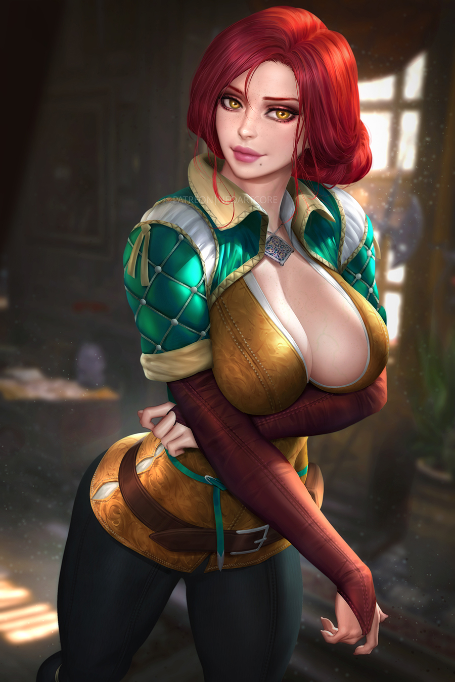 1girls, big breasts, breasts, cd projekt red, digital painting (artwork), female, female only, large breasts, neoartcore, solo, the witcher (series), the witcher 3: wild hunt, triss merigold