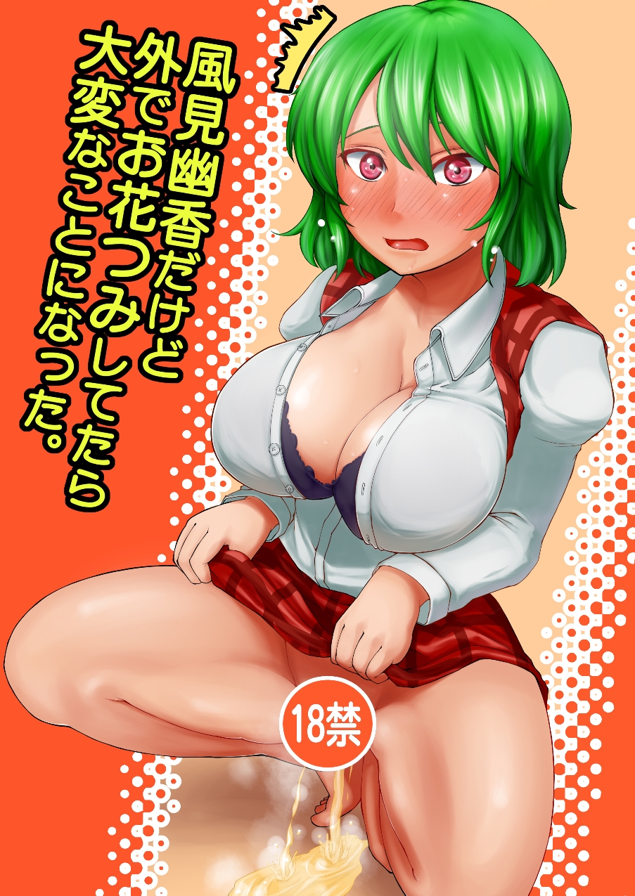 1girls ^^^ bangs barefoot black_bra blush bra breasts censored cleavage collared_shirt comiket_85 commentary_request content_rating cover cover_page doujin_cover dress_shirt female female_only full_body green_hair highres impossible_clothes impossible_shirt large_breasts long_sleeves looking_at_viewer nose_blush open_mouth peeing plaid plaid_skirt plaid_vest red_eyes red_skirt sadahiro_(chicken_nugget_gyuuniku_aji) shirt short_hair skirt skirt_set solo squatting sweat text_censor touhou underwear urine vest white_shirt yuka_kazami