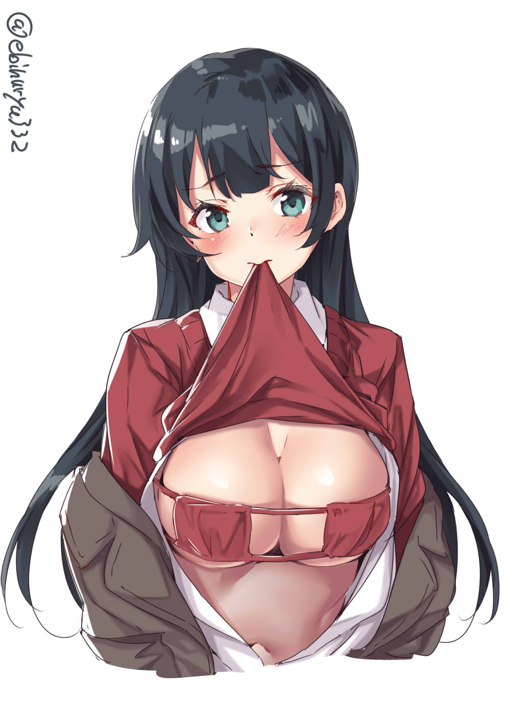 agano_(kantai_collection) alternate_costume big_breasts bikini bikini_top black_hair cleavage ebifurya eyepatch_bikini female female_only green_eyes kantai_collection long_hair looking_at_viewer red_bikini school_uniform shirt_in_mouth shirt_lift solo sweater_lift