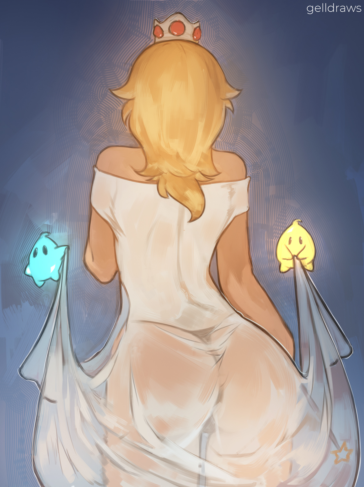 back view, blonde hair, female, female focus, gelldraws, luma, mario (series), nightgown, nintendo, princess rosalina, see-through, super mario galaxy, thong