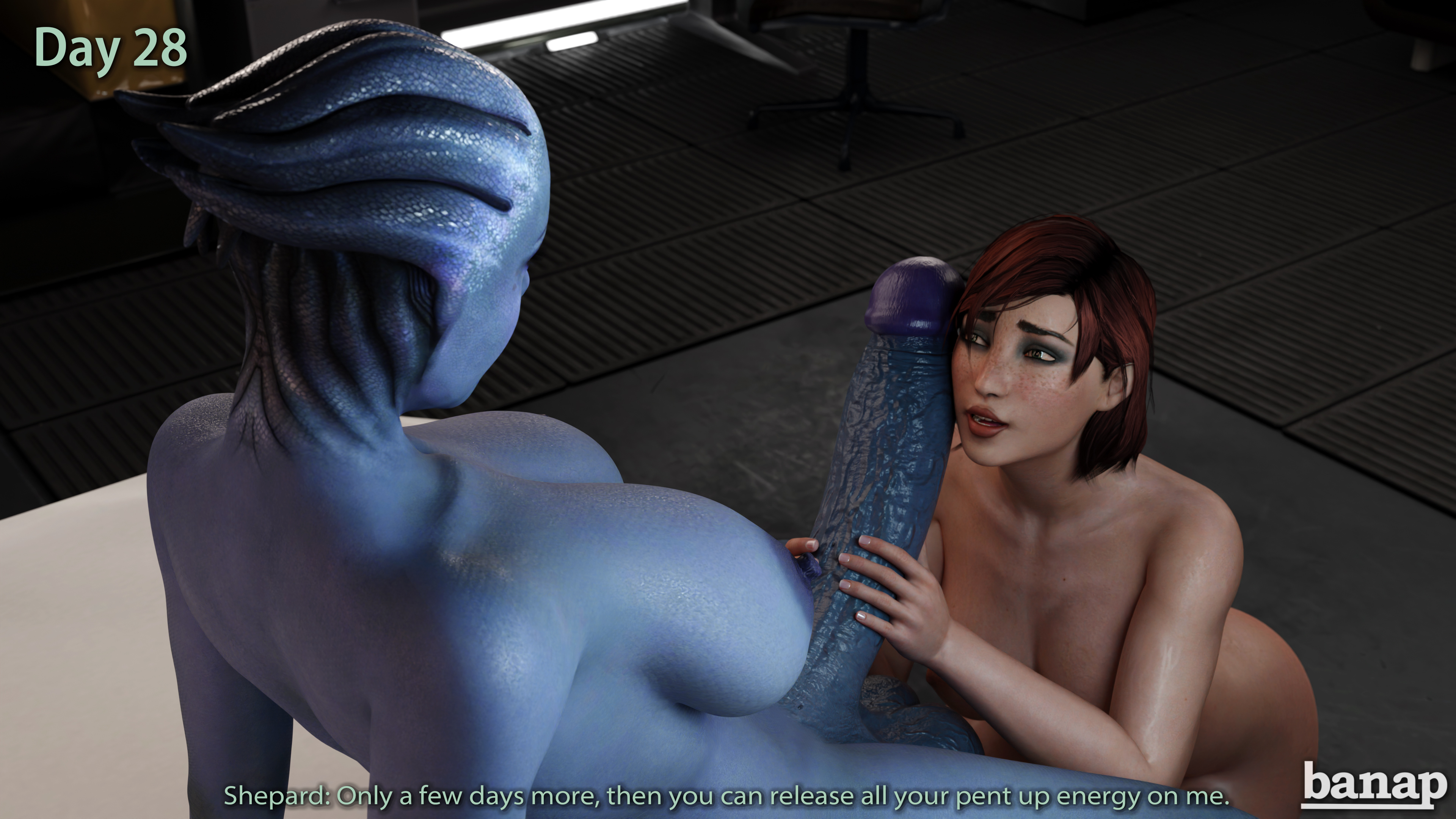 1futa, 1girls, 3d, alien, alien futa, alien/human, asari, asari futa, banap, big penis, blender, blue skin, cock worship, comic, comic page, commander shepard, dialogue, english, english text, female, female protagonist, femshep, freckles, futanari, human, intersex, interspecies, liara t'soni, mass effect, no nut november, penis, red hair, text