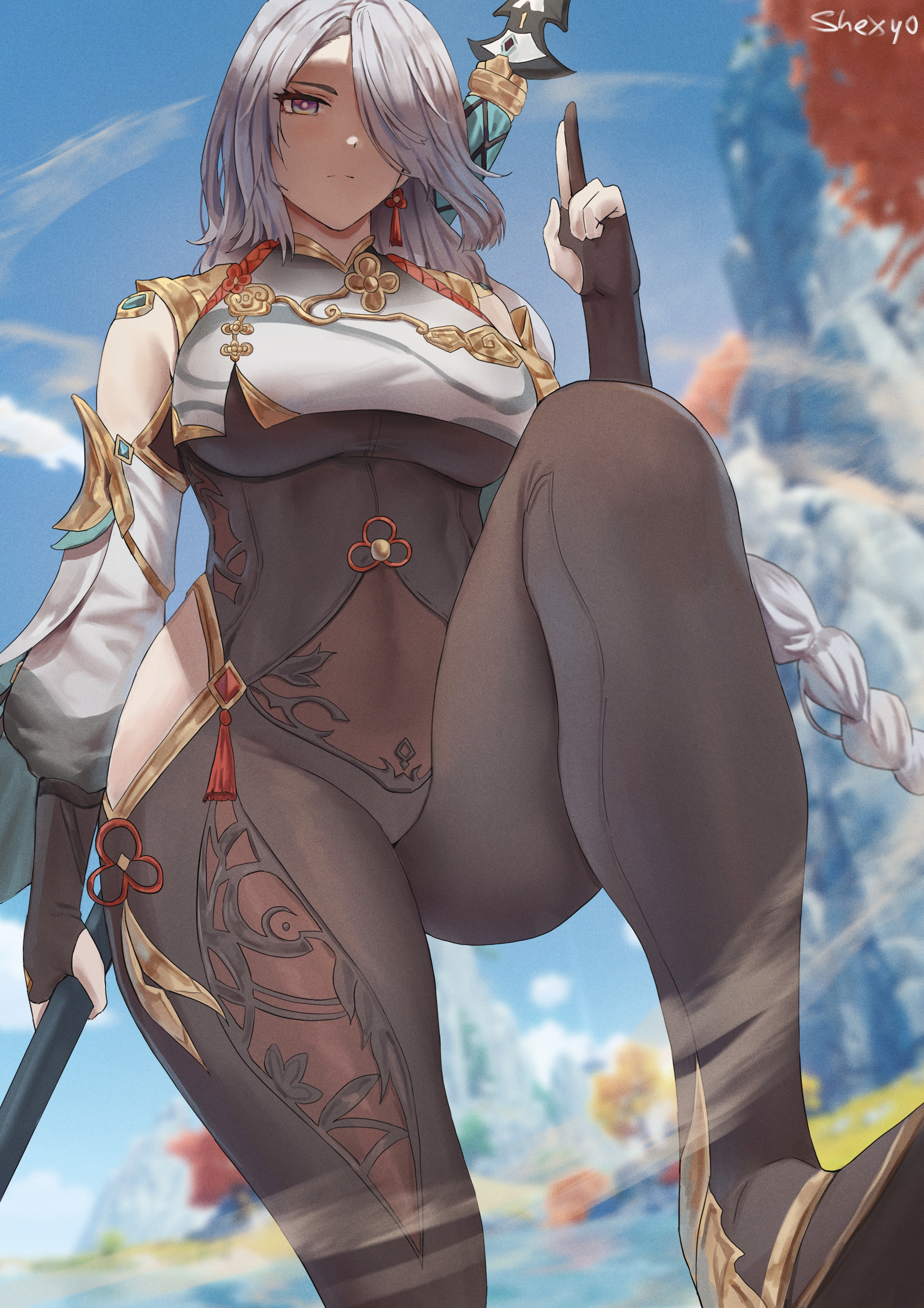 1girls, 2021, artist signature, bodystocking, breasts, clothed, clothed female, female, female only, front view, genshin impact, hair over one eye, hi res, hips, holding object, huge breasts, long hair, looking at viewer, outdoors, shenhe (genshin impact), shexyo, slim waist, thick thighs, thigh boots, thighs, tight clothing, tight fit, weapon, white hair, wide hips