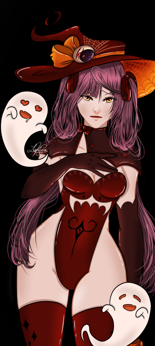 big_breasts breasts genshin_impact ghost halloween lunyfera(artist) mona_(genshin_impact) thick_ass thick_thighs thighs twintails