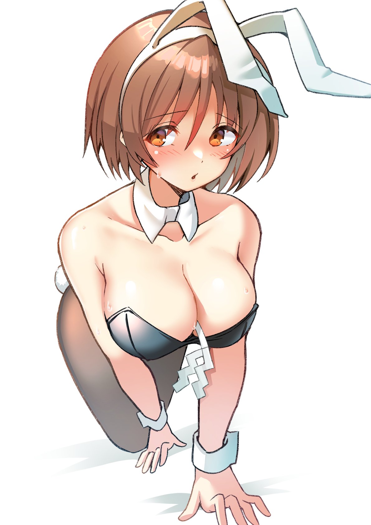 all_fours big_breasts blush breasts brown_eyes brown_hair bunny_ears bunny_girl bunny_tail bunnysuit cleavage female female_only kantai_collection looking_away natori_(kantai_collection) pantyhose sasorichamaru short_hair solo sweat sweatdrop wrist_cuffs