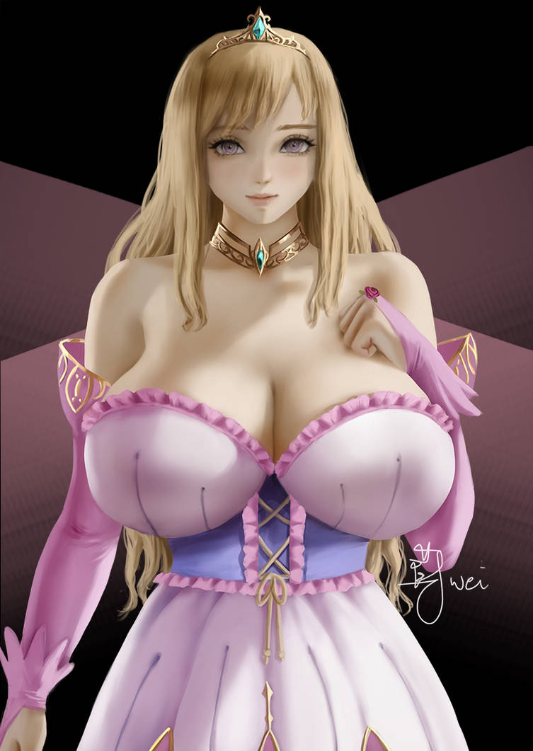 1girls, armwear, bangs, bare shoulders, big breasts, blonde hair, breasts, breasts bigger than head, busty, choker, cleavage, collarbone, corset, curvaceous, curves, curvy, curvy body, curvy female, curvy figure, dress, female, female focus, female only, gloves, jewelry, kyonyuu fantasy, large breasts, long hair, luceria von diamante, plain background, purple eyes, simple background, tiara, tight clothing, voluptuous, weisart