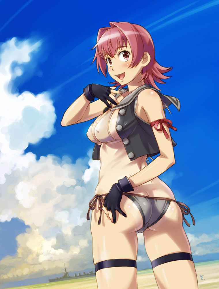 bikini black_gloves detailed_background female female_only fingerless_gloves gloves kantai_collection kinu_(kantai_collection) looking_back medium_breasts nipple_bulge open_mouth open_shirt outside pink_eyes pink_hair sailor_collar sameha_ikuya short_hair side-tie_bikini sleeveless_shirt smile solo swimsuit tanline thigh_strap