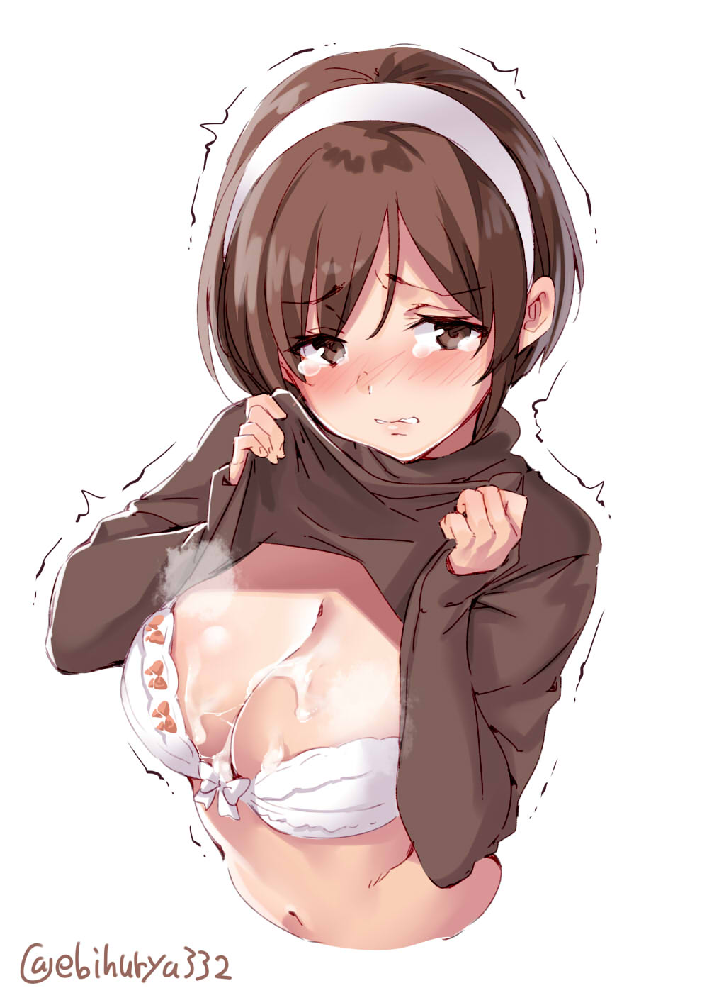 big_breasts blush bra brown_eyes brown_hair cleavage cum cum_on_breasts ebifurya embarrassed female female_only hairband kantai_collection long_sleeves natori_(kantai_collection) shirt_lift short_hair solo steam sweater sweater_lift tears trembling turtleneck upper_body white_bra