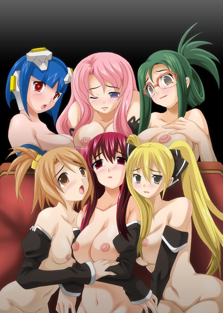 airi_(dream_c_club) amane_(dream_c_club) blonde_hair blue_hair blush breasts brown_eyes brown_hair dream_c_club glasses green_hair mian_(dream_c_club) mio_(dream_c_club) nipples open_mouth pink_hair purple_eyes red_eyes red_hair rui_(dream_c_club) setsu_(dream_c_club) tears twintails wink