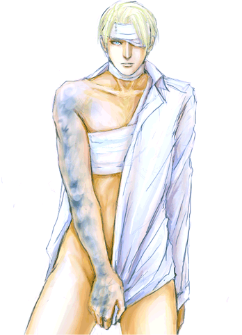 1boy artist_request bandage bandages blonde_hair blue_eyes final_fantasy final_fantasy_vii final_fantasy_vii_advent_children geostigma lowres male male_only nude rufus_shinra solo