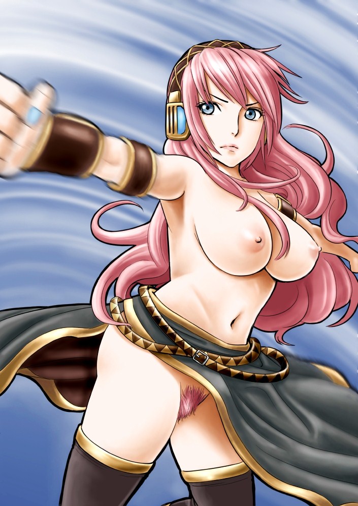 blue_eyes breasts double_lariat_(vocaloid) large_breasts megurine_luka pink_hair pubic_hair skirt skirt_lift thighhighs topless vocaloid yamakumo