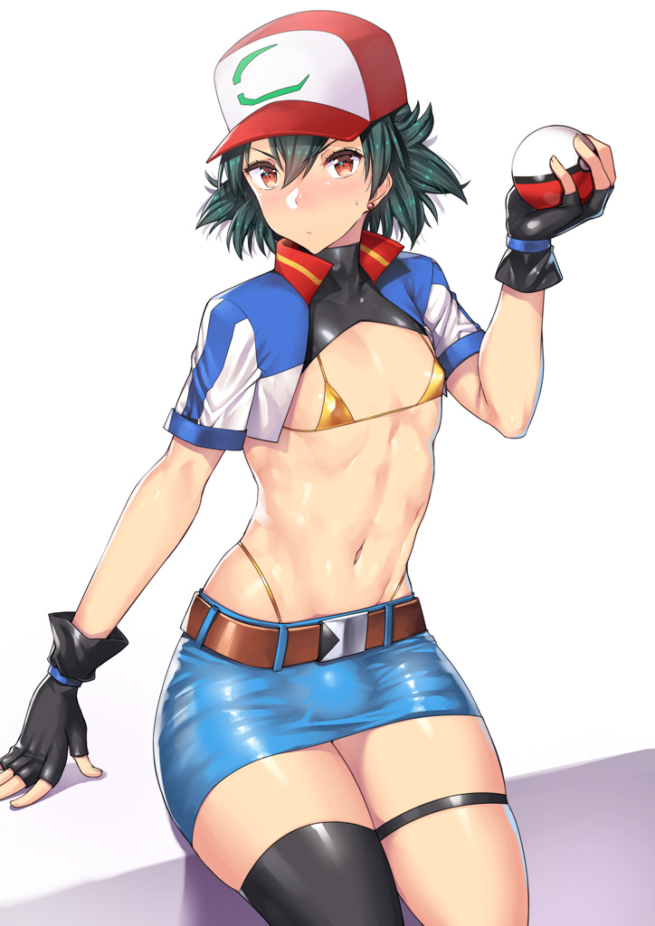 1boy abs androgynous arm_support ash_ketchum belly belt bikini black_hair blush brown_eyes canon_crossdressing crossdressing earrings femboy g-string girly gloves hat human looking_at_viewer male male_only midriff miniskirt nagase_haruhito navel nintendo poke_ball pokemon pokemon_rgby satoshi_(pokemon) shirt short_hair sitting skirt solo solo_male sweat thigh_strap thighhighs trap whale_tail white_background