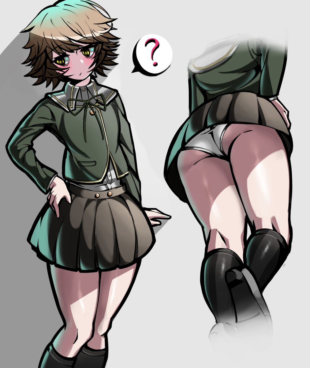 1boy 2021 ? asian_male ass ass_focus black_kneehighs black_socks blush bowtie brown_hair brown_skirt butt buttoned_shirt clothed clothed_male clothing confused confusion danganronpa danganronpa:_trigger_happy_havoc danganronpa_(series) danganronpa_1 digital_media_(artwork) femboy fujisaki_chihiro full_body full_color fully_clothed girly green_bowtie green_jacket hand_on_hip jacket knee_socks medium_ass medium_skirt pale-skinned_femboy pale-skinned_male panties pantyshot school_uniform short_hair skirt smooth_skin socks solo solo_male trizzz underwear uniform upskirt video_games white_panties white_shirt yellow_eyes