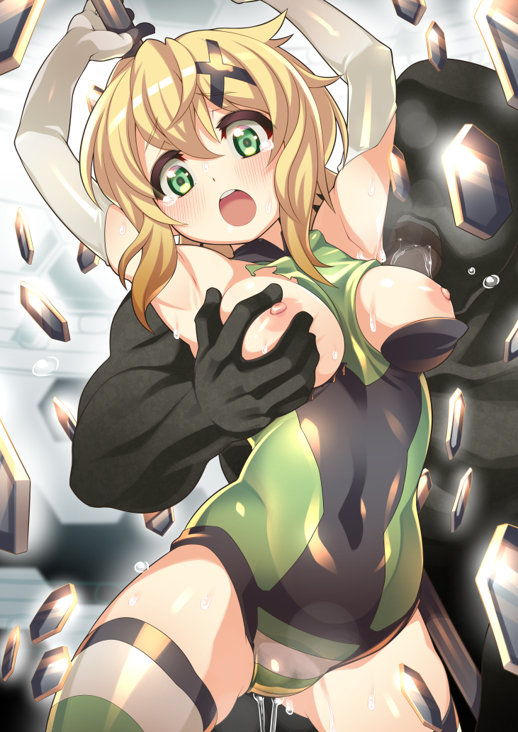 1boy akatsuki_kirika arms_up blonde_hair blush breasts breasts_out cameltoe covered_navel deep_skin female green_eyes green_leotard groping gummyrise leotard licking medium_breasts nipples pussy_juice senki_zesshou_symphogear shiny shiny_hair shiny_skin short_hair solo_focus standing straight striped striped_legwear sweat torn_clothes