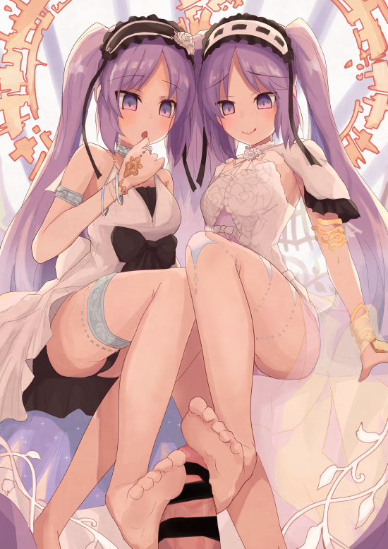 1boy 2girls armlet bangs bare_shoulders barefoot blush bracelet breasts censored collarbone double_footjob dress euryale_(fate) fate/hollow_ataraxia fate_(series) feet ffm_threesome footjob frilled_hairband frills group_sex hairband halo jewelry legs long_hair looking_at_viewer lypele multiple_girls parted_bangs penis purple_eyes purple_hair ring sidelocks small_breasts smile soles stheno_(fate) straight teamwork thighlet threesome toes twintails very_long_hair white_dress