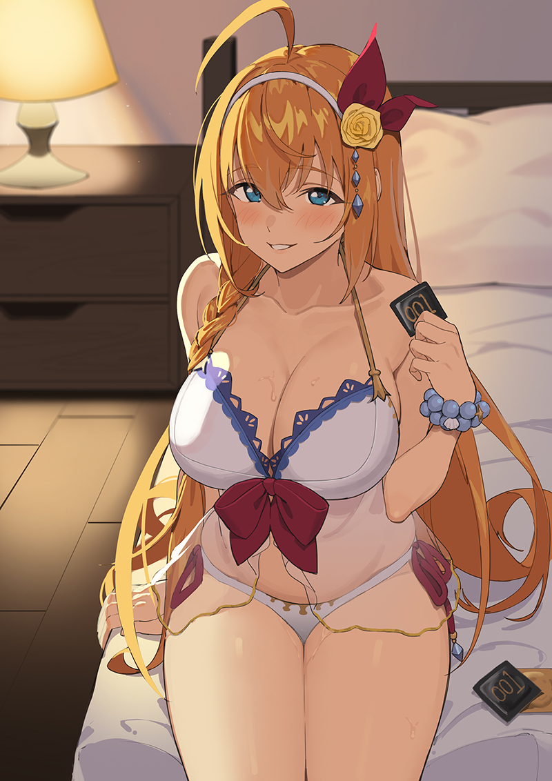 1girls, 2021, ahoge, bangs, bare shoulders, bead bracelet, beads, bikini, blue eyes, bracelet, braid, breasts, cleavage, collarbone, condom, condom wrapper, eyebrows visible through hair, female, female focus, female only, flower, hair between eyes, hair flower, hair ornament, hand up, holding, holding condom, icarus (632247131), indoors, jewelry, lamp, large breasts, long hair, looking at viewer, on bed, orange hair, pecorine, pillow, princess connect!, product placement, red ribbon, ribbon, rose, single braid, sitting, smile, solo, solo female, sweat, swimsuit, thighs, unopened condom wrapper, white bikini, wooden floor, yellow flower, yellow rose
