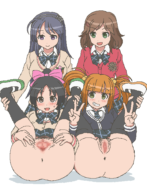 4girls anus bangs blunt_bangs blush bow bowtie brown_hair buttons cardigan censored collared_shirt commentary_request double_v eyebrows_visible_through_hair female_pubic_hair folded green_eyes grin hair_ornament hairclip kasuga39 long_hair looking_at_viewer mosaic_censoring multiple_girls oekaki open_mouth pubic_hair pussy satou_hina_(tesagure!_bukatsu-mono) school_uniform shirt shoes smile socks spread_pussy suzuki_yua sweatdrop takahashi_aoi take_your_pick tanaka_koharu teeth tesagure!_bukatsu-mono thighhighs tied_hair twintails v white_background white_footwear white_shirt