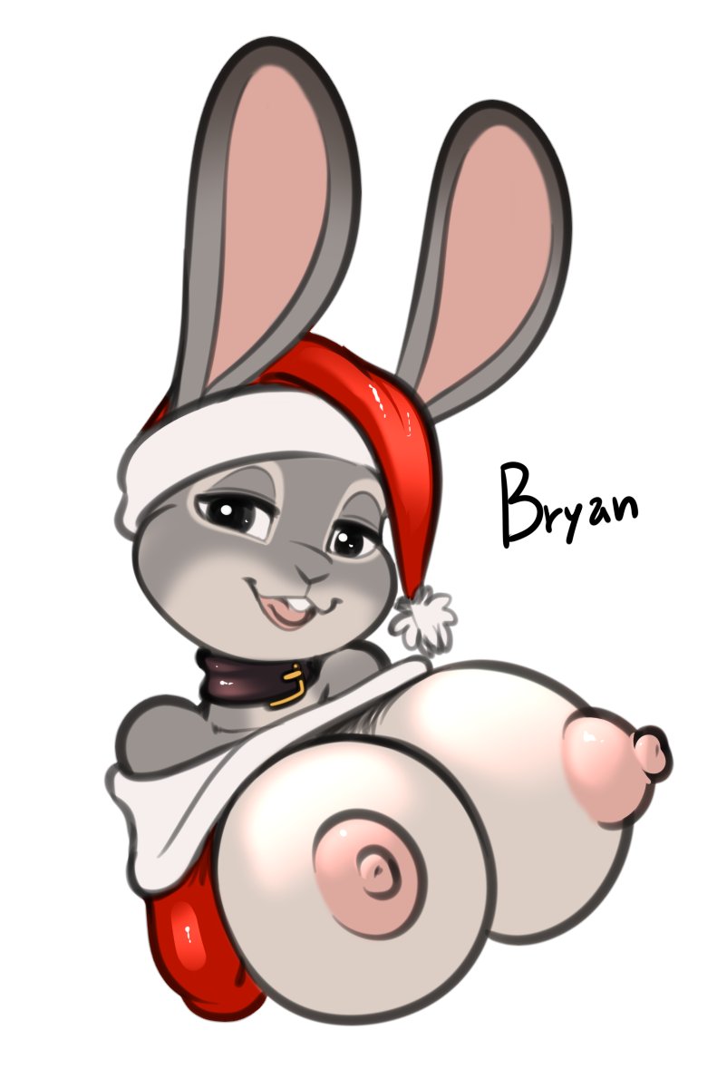 anthro, areola, bedroom eyes, big breasts, big ears, black eyes, breasts, buckteeth, christmas, christmas clothing, christmas headwear, clothed, clothing, collar, costume, countershade face, countershade fur, countershade torso, countershading, digital media (artwork), dipstick ears, disney, english text, exposed breasts, eye markings, eyelashes, female, freckles (artist), front view, fur, glistening, glistening clothing, grey body, grey ears, grey fur, half-length portrait, hat, headgear, headwear, hi res, holidays, huge breasts, judy hopps, lagomorph, large breasts, leporid, long ears, looking at viewer, mammal, markings, multicolored body, multicolored ears, multicolored fur, narrowed eyes, nipples, open mouth, open smile, partially clothed, pink areola, pink inner ear, pink nipples, portrait, rabbit, raised clothing, raised shirt, raised topwear, red clothing, red hat, red headwear, red shirt, red topwear, santa costume, santa hat, seductive, shirt, simple background, smile, solo, teeth, text, three-quarter view, topwear, two-tone ears, white background, white body, white clothing, white countershading, white fur, white shirt, white topwear, zootopia