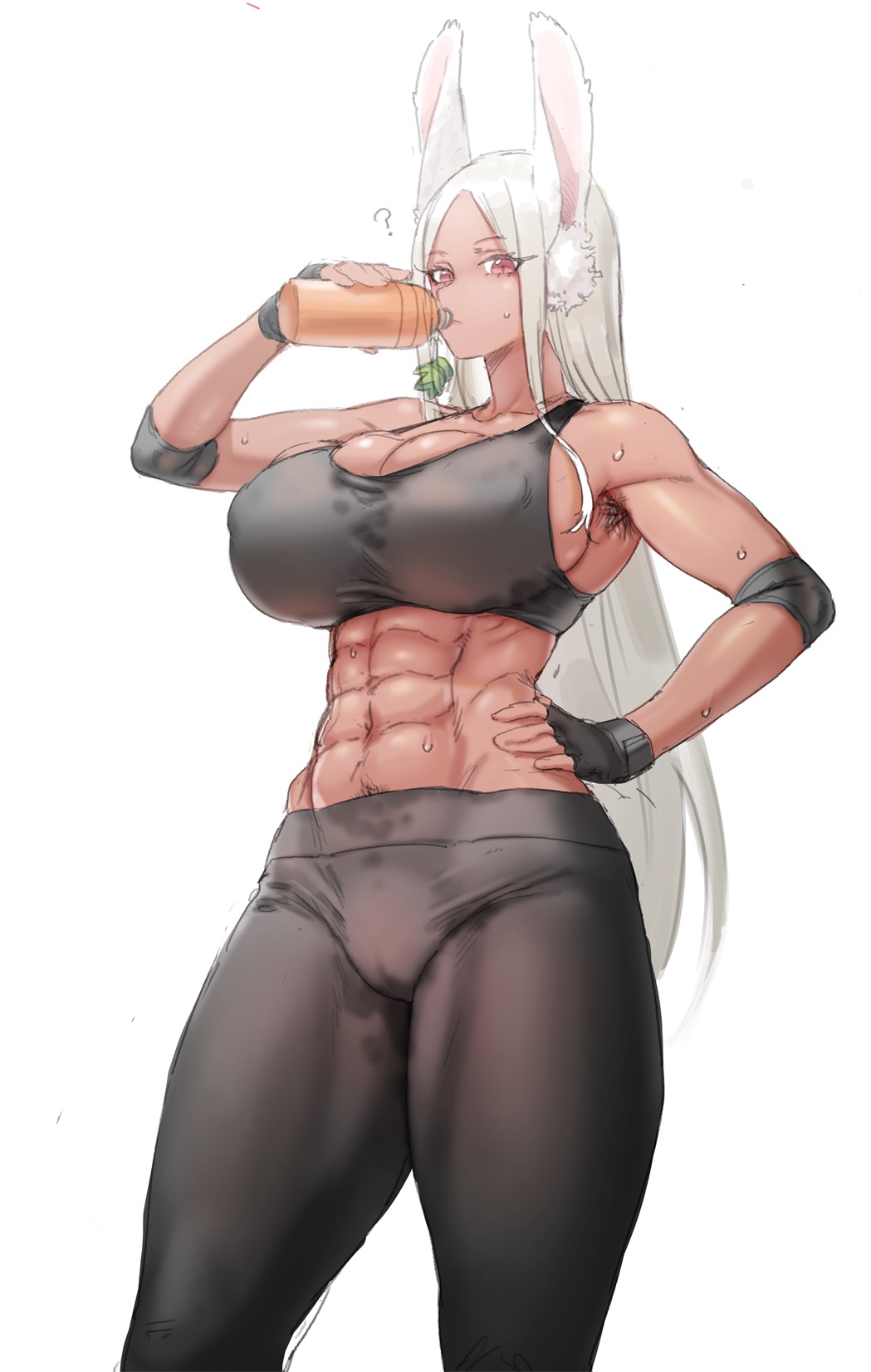1girls 2021 ? abs alternate_costume animal_ear_fluff animal_ears armpit_hair armpits bangs black_bra black_gloves black_pants black_sports_bra black_yoga_pants bottle box20502017 bra breasts cleavage collarbone drinking elbow_pads eyebrows_visible_through_hair female female_focus female_only fingerless_gloves forehead gloves hairy_armpit hairy_armpits hand_on_own_waist hand_on_waist highres huge_breasts long_eyelashes long_hair looking_at_viewer miruko muscular muscular_female my_hero_academia navel outline pants parted_bangs rabbit_ears red_eyes rumi_usagiyama sexy_armpits simple_background six_pack sketch solo solo_female sports_bra standing stomach sweat sweat_stain sweatdrop thigh_gap toned toned_female underwear water_bottle white_background white_hair xiangzi_box yoga_pants