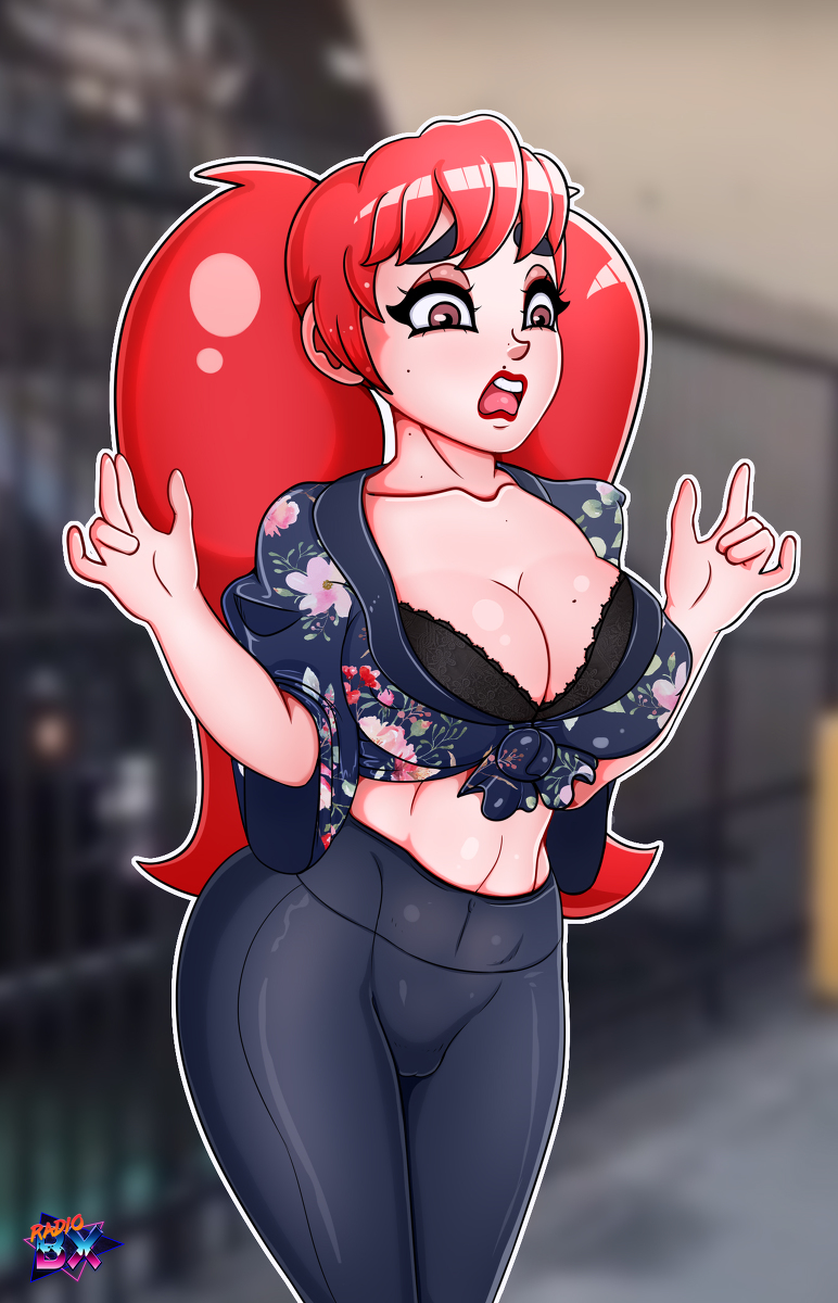 amazed, big breasts, bodice, breasts, brown hair, embarrassed, female, lipstick, pussy, red hair, tight pants, twitter, vagina, white skin, windygirk, youtube, youtuber, youtuber girl
