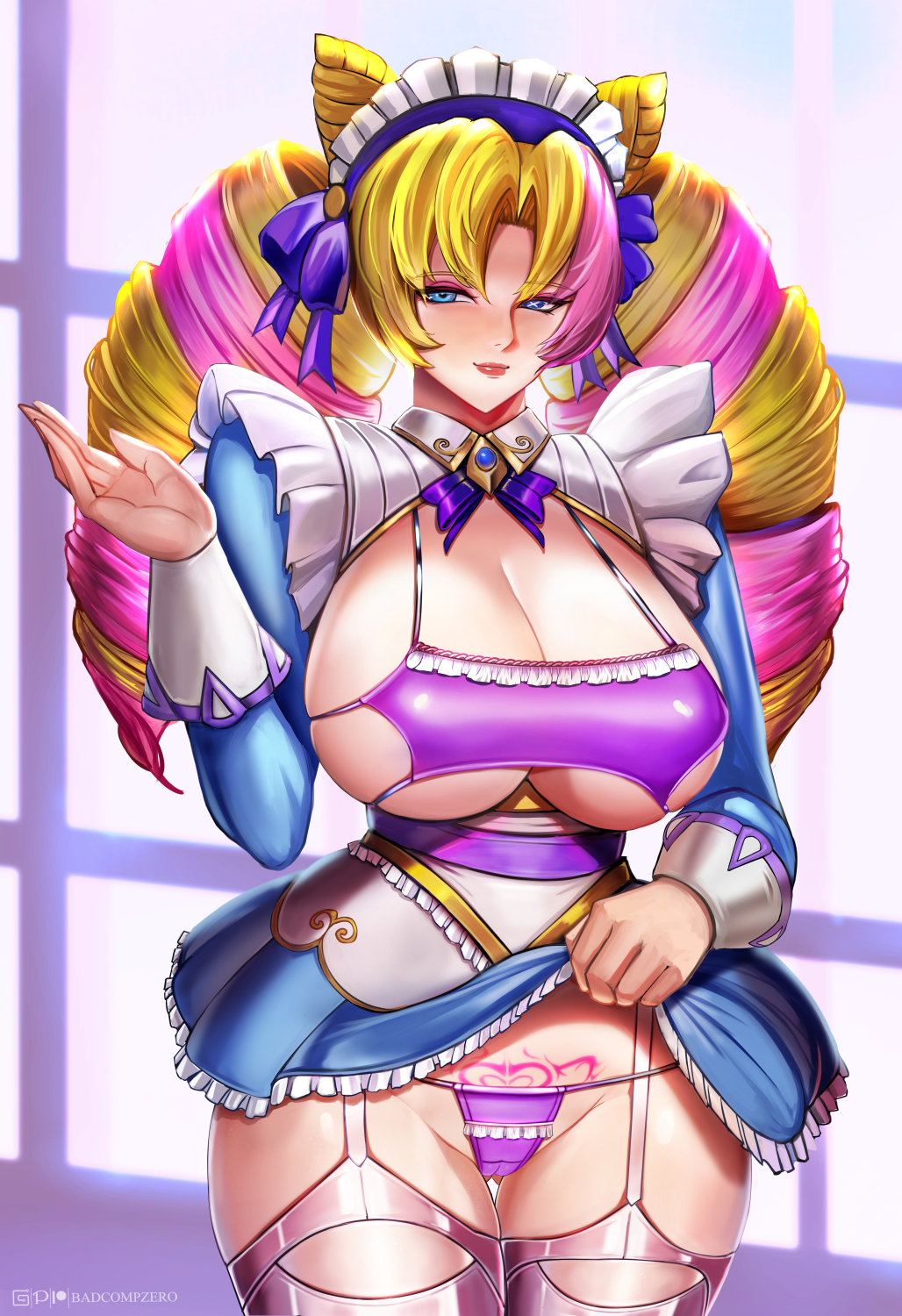 1girls, badcompzero, big breasts, blonde hair, blue eyes, bra, breasts, cafe cutie gwen, cafe cuties series, cleavage, female, female only, gwen (league of legends), heart tattoo, huge breasts, league of legends, long hair, looking at viewer, maid, maid dress, maid headdress, maid outfit, maid uniform, panties, pussy, riot games, showing panties, showing pussy, tattoo, thick thighs
