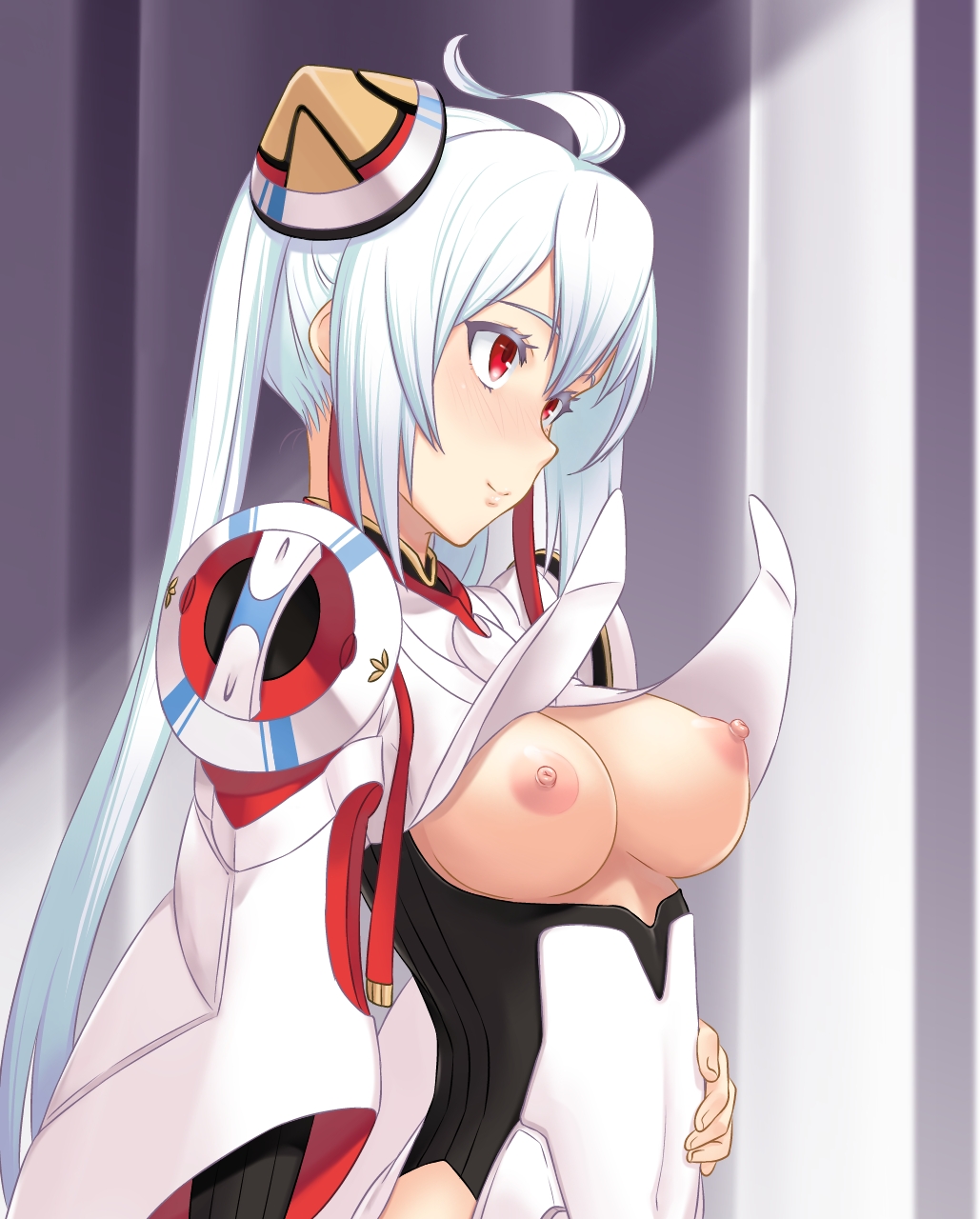 ahoge blush breasts clothes_lift commentary_request dress dress_lift female hair_ornament highres hou_(hachiyou) long_hair matoi_(pso2) medium_breasts nipples no_bra phantasy_star phantasy_star_online_2 puffy_nipples red_eyes silver_hair smile solo twintails